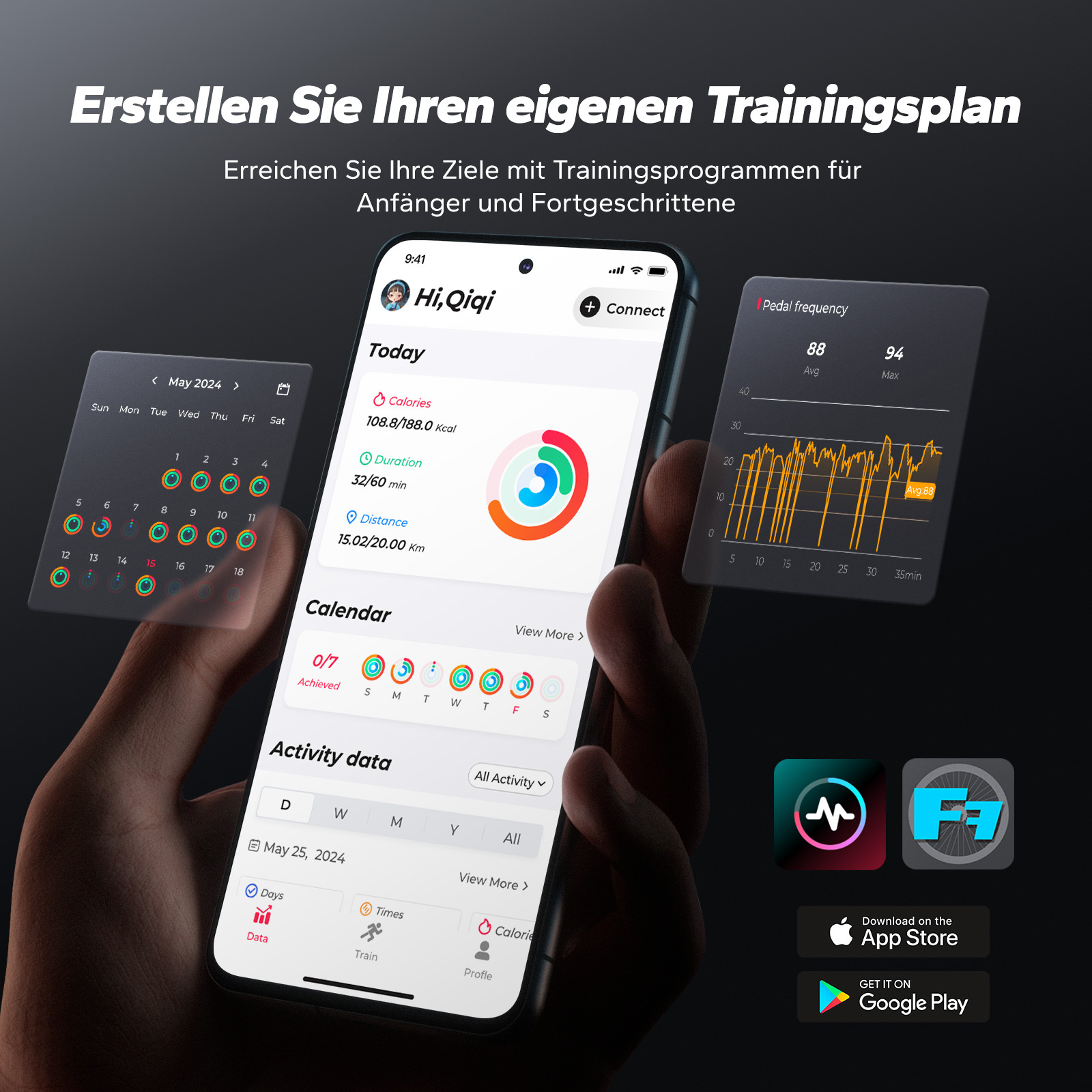 Hand hält ein Smartphone mit Fitness-App-Daten, Kalender und Diagrammen.
