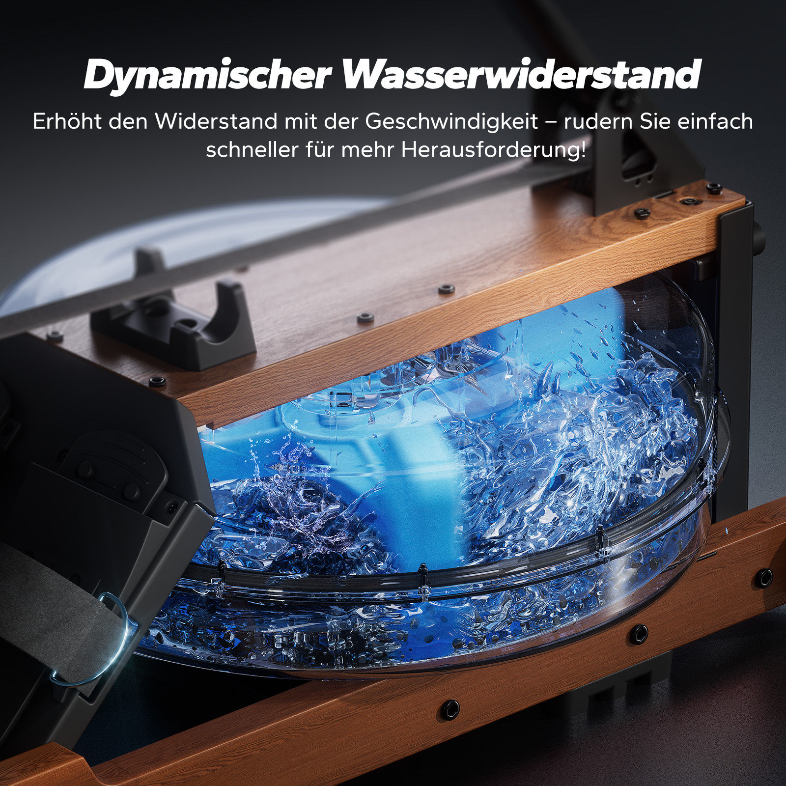 Ein Rudergerät mit Holzakzenten und einem Wassertank, in dem sich Wasser dreht.