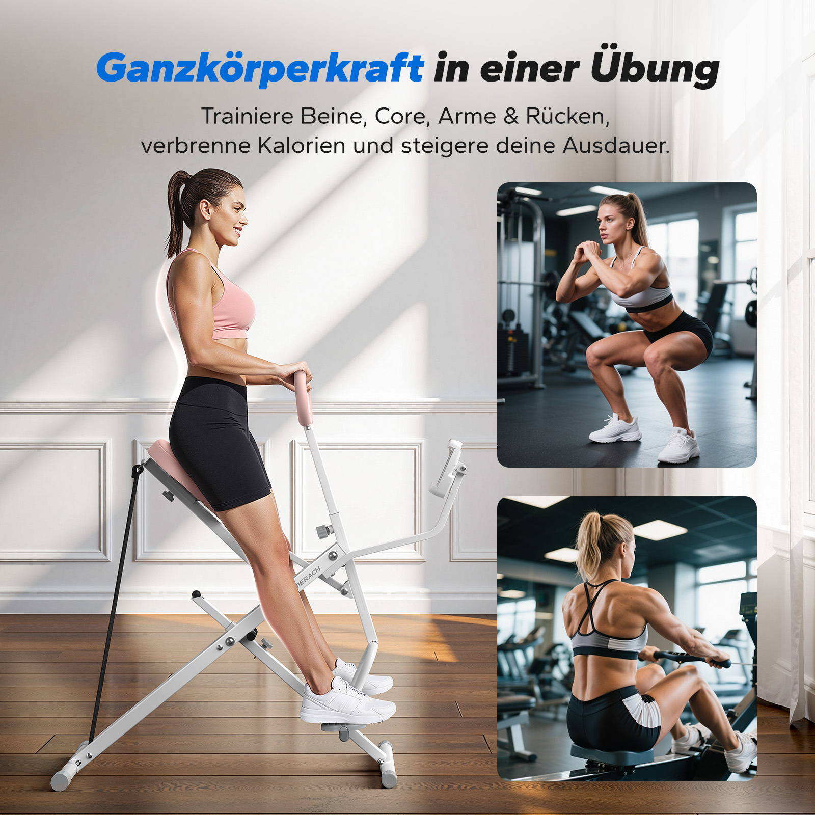Frau trainiert Beine auf einem Fitnessgerät, Frau macht Kniebeugen und Frau rudert.