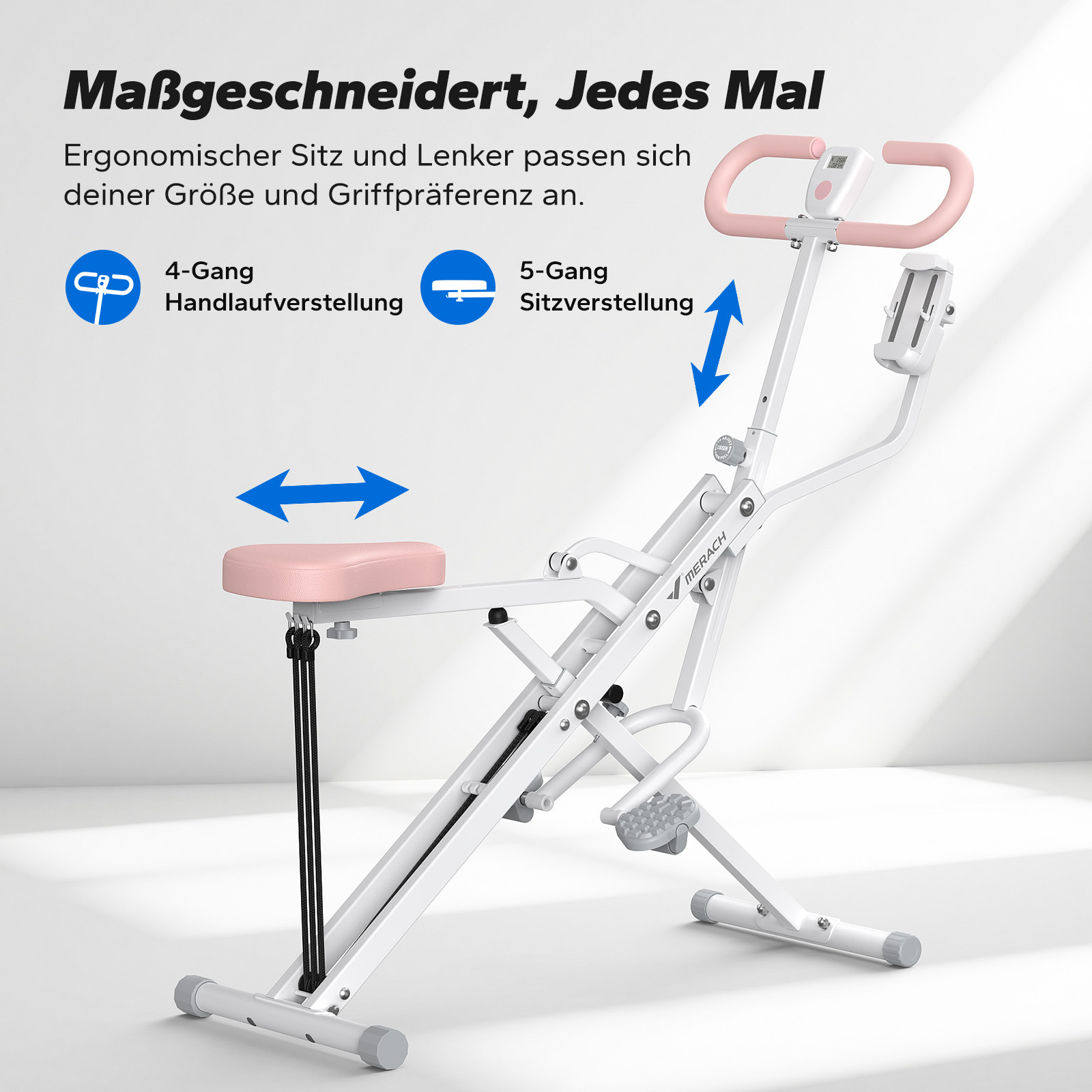 Ein weißes Fitnessgerät mit rosa Sitz und Griffen. Einstellbar für Größe.