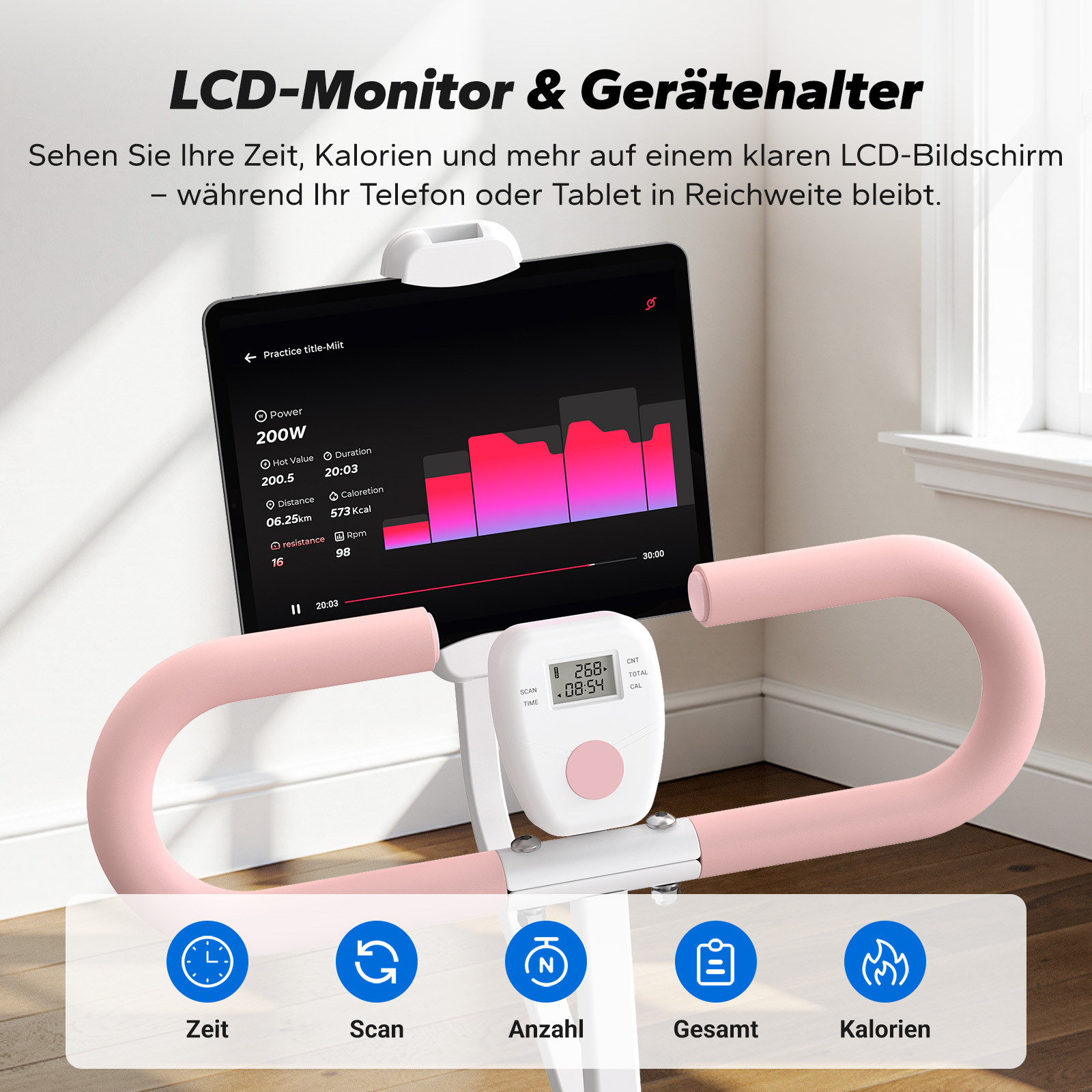 Ein rosa Heimtrainer mit LCD-Monitor, der Zeit, Distanz und Kalorien anzeigt.