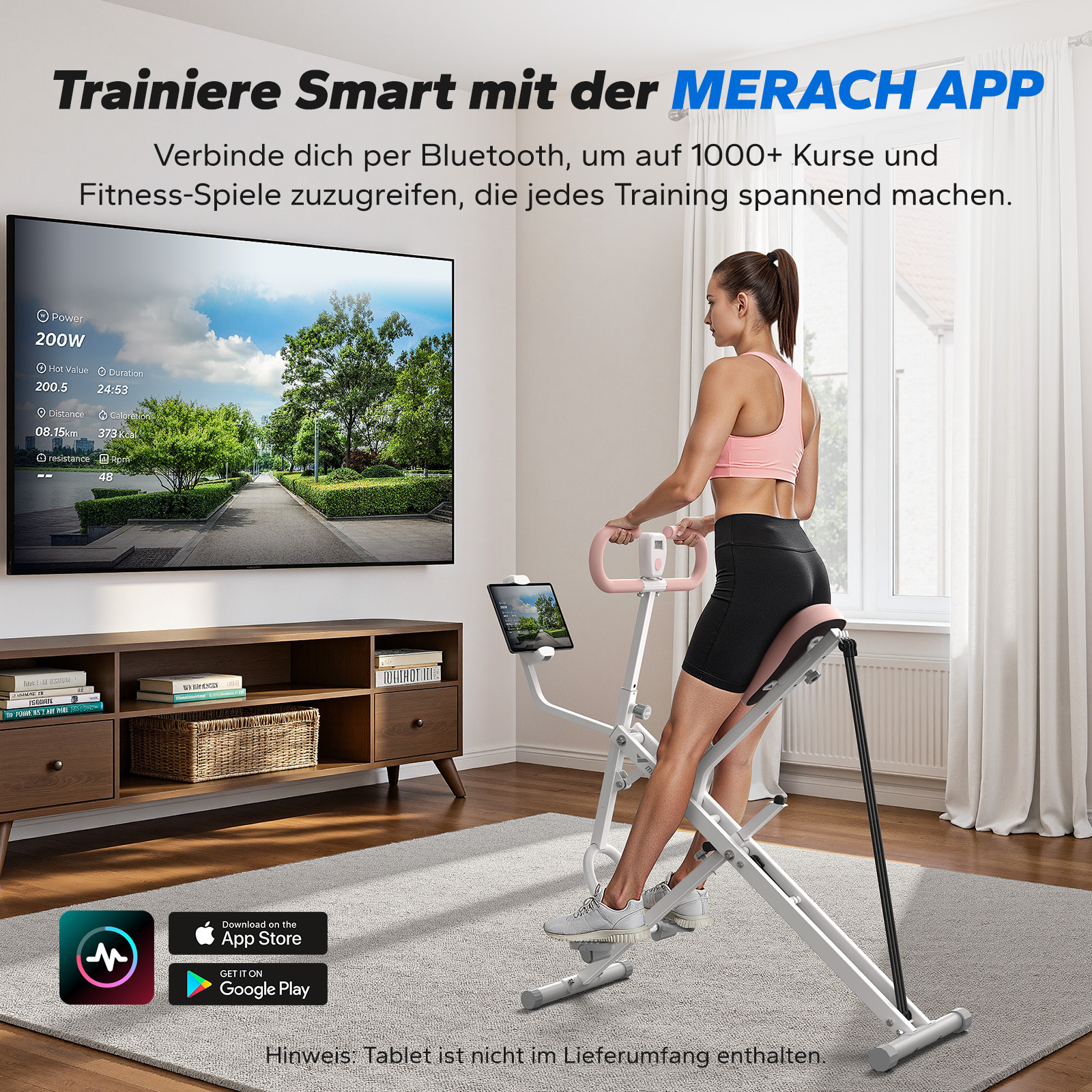 Frau trainiert auf Heimtrainer vor einem großen Bildschirm mit App-Anzeige.