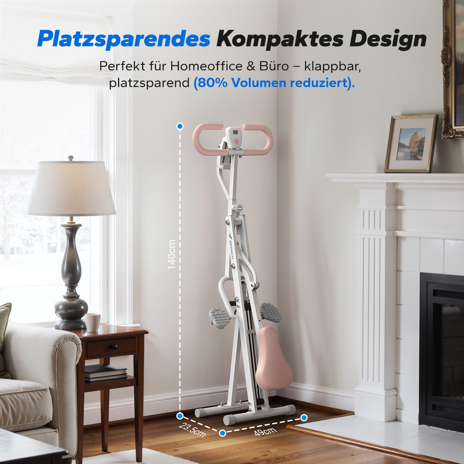 Ein zusammenklappbarer Heimtrainer in weiß und rosa mit Abmessungen.