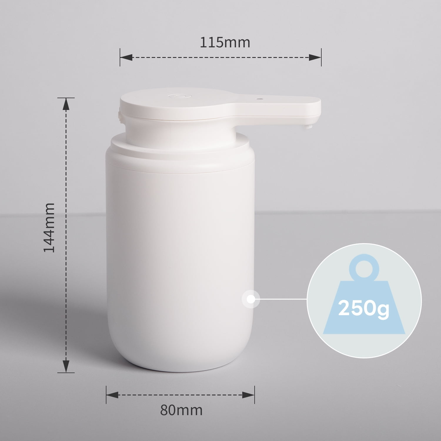 Weiße Seifenspenderpumpe mit Maßen und 250g Gewichtsanzeige.