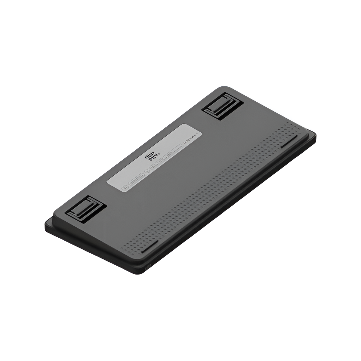 Tył ciemnoszarej klawiatury z nóżkami i teksturowanymi obszarami chwytu.