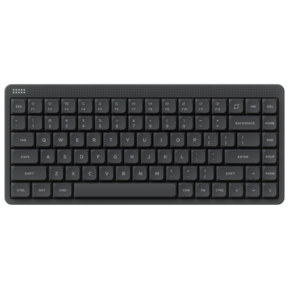 Ciemna, kompaktowa klawiatura z układem QWERTY i klawiszami numerycznymi.