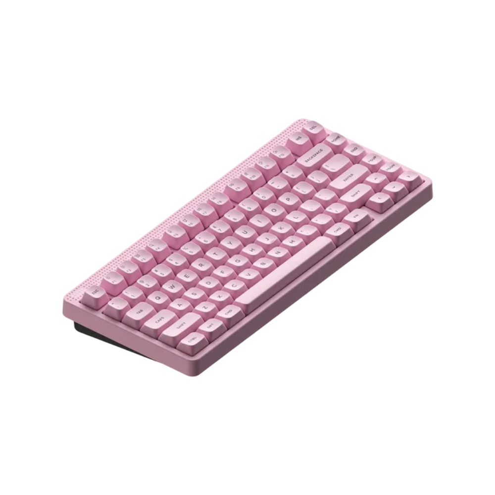Różowa klawiatura z klawiszami alfabetycznymi i numerycznymi.