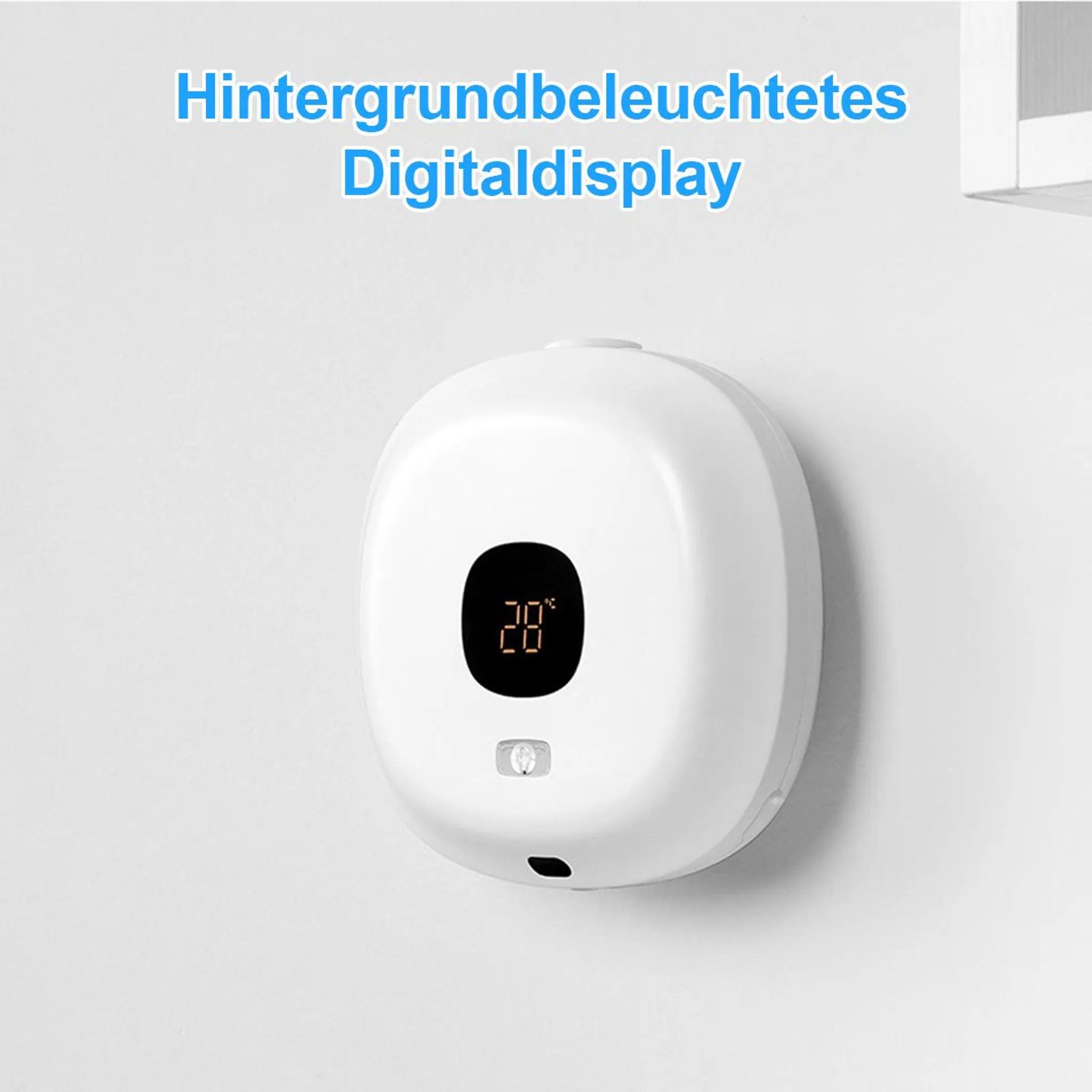 Ein weißer Seifenspender mit Digitalanzeige zeigt 28°C an.