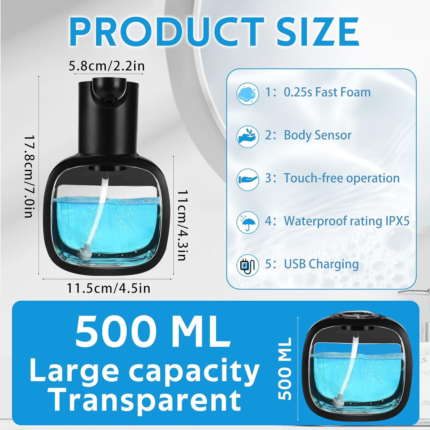 Produktgrößenangaben für einen 500ml transparenten Spender mit Merkmalen.