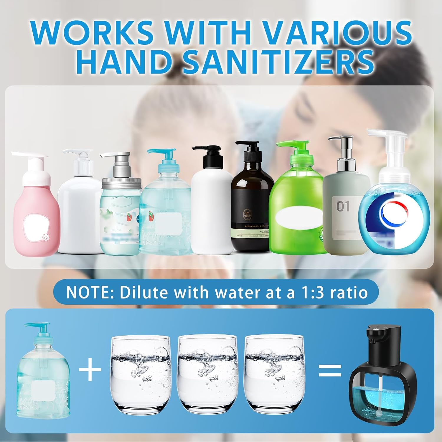 Verschiedene Handdesinfektionsmittel mit einem Spender, Wasser und Gläsern.