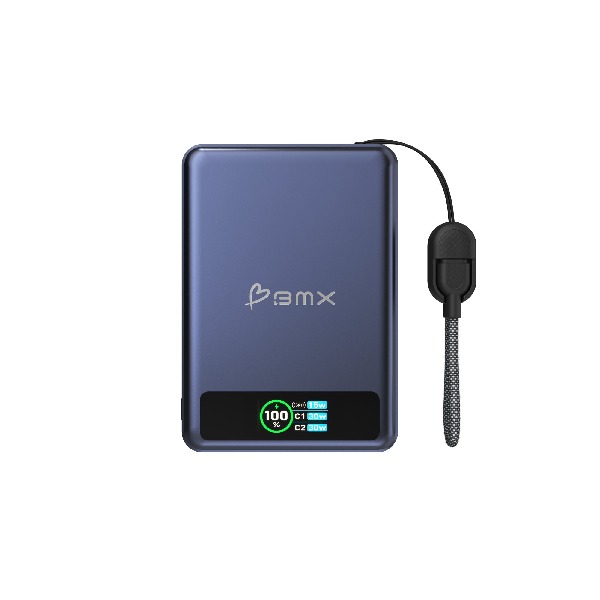 Ein blauer Powerbank mit einem Display, das 100% Akku und 15W, 30W, 30W anzeigt.