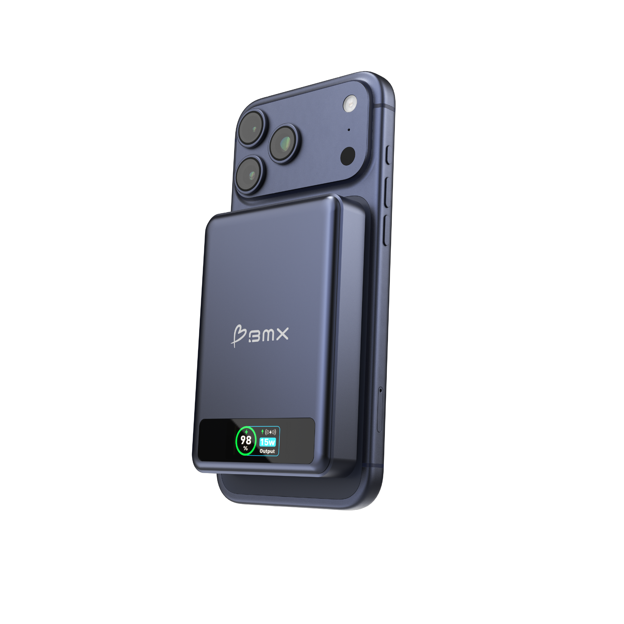 Ein blaues iPhone mit einer angebrachten Powerbank, die 98 % und 15 W anzeigt.