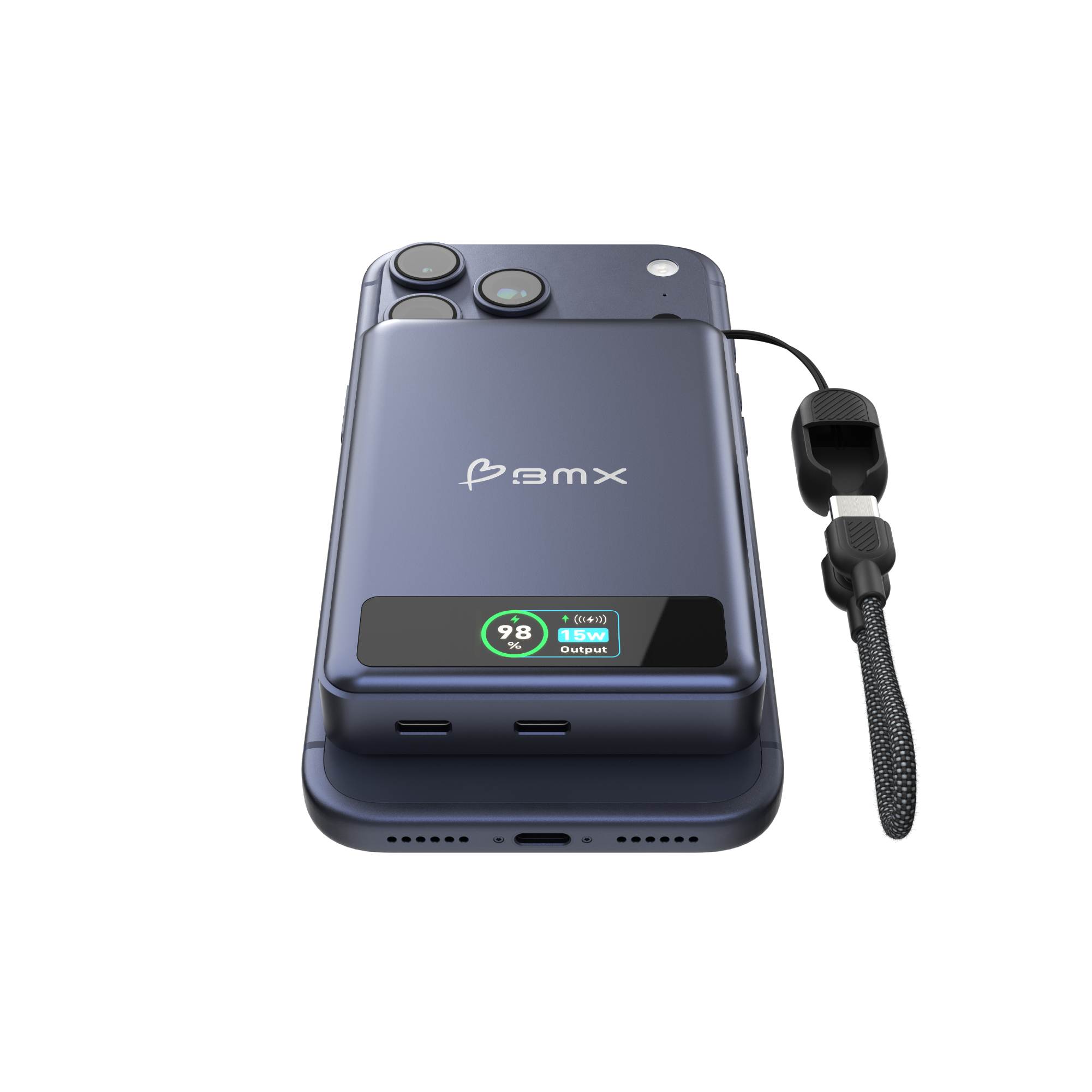 Dunkelblaues Smartphone mit Powerbank, USB-C-Anschluss und Ladeanzeige.