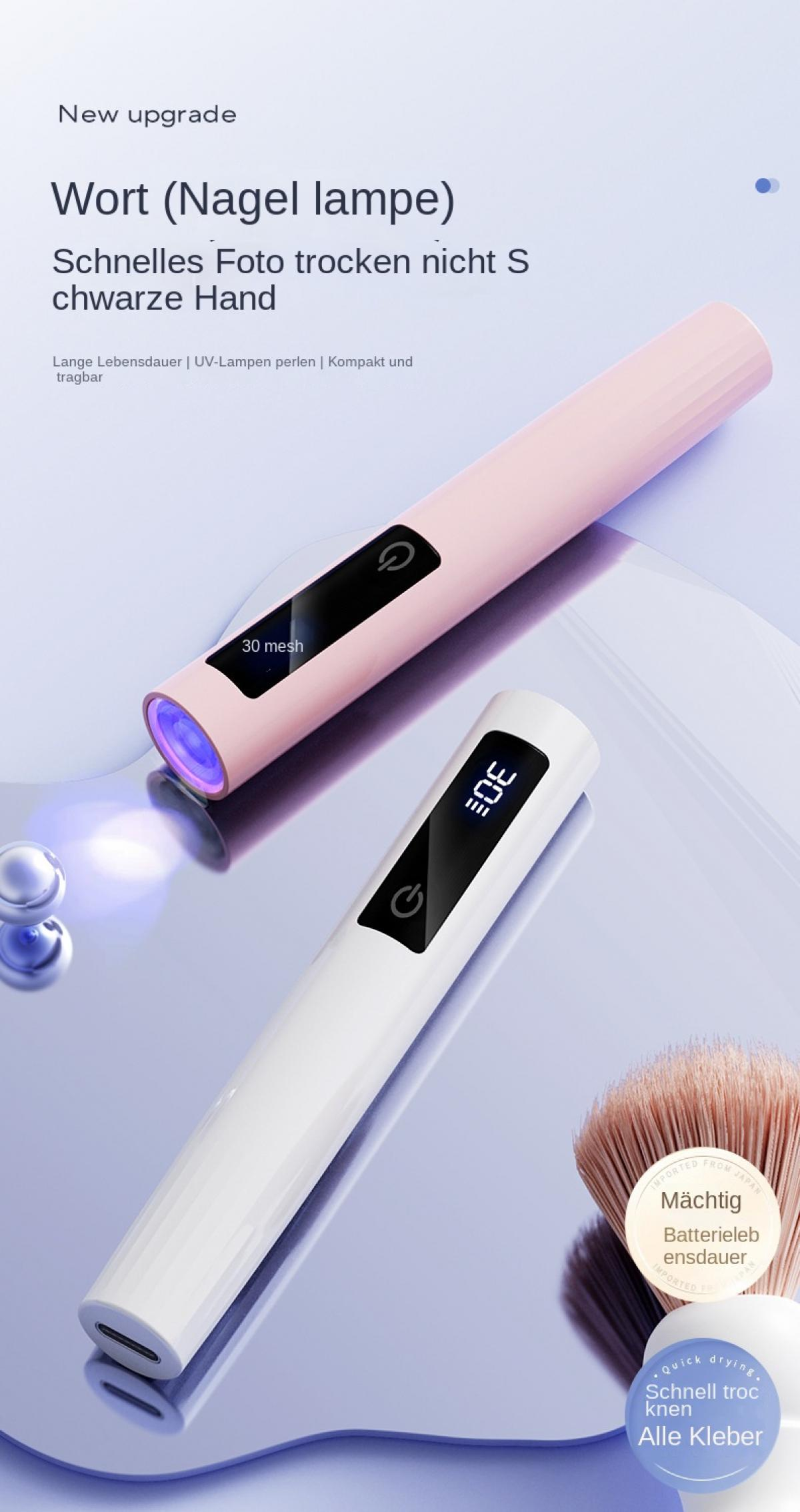 Zwei Nagellampen, eine rosafarbene und eine weiße, mit blauen Lichtern und digitalen Anzeigen.