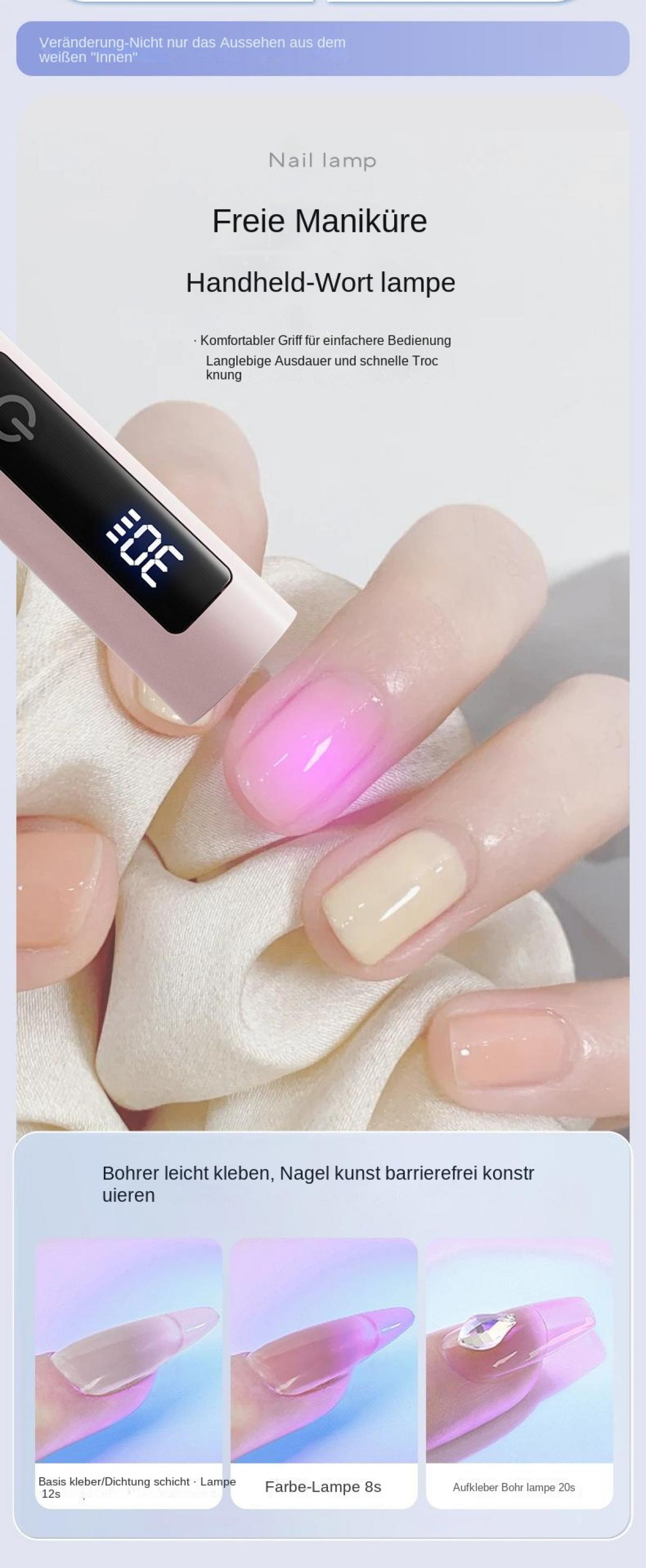 Handheld-Nagellampe trocknet Nägel mit rosa und gelbem Lack, mit Timeranzeige.