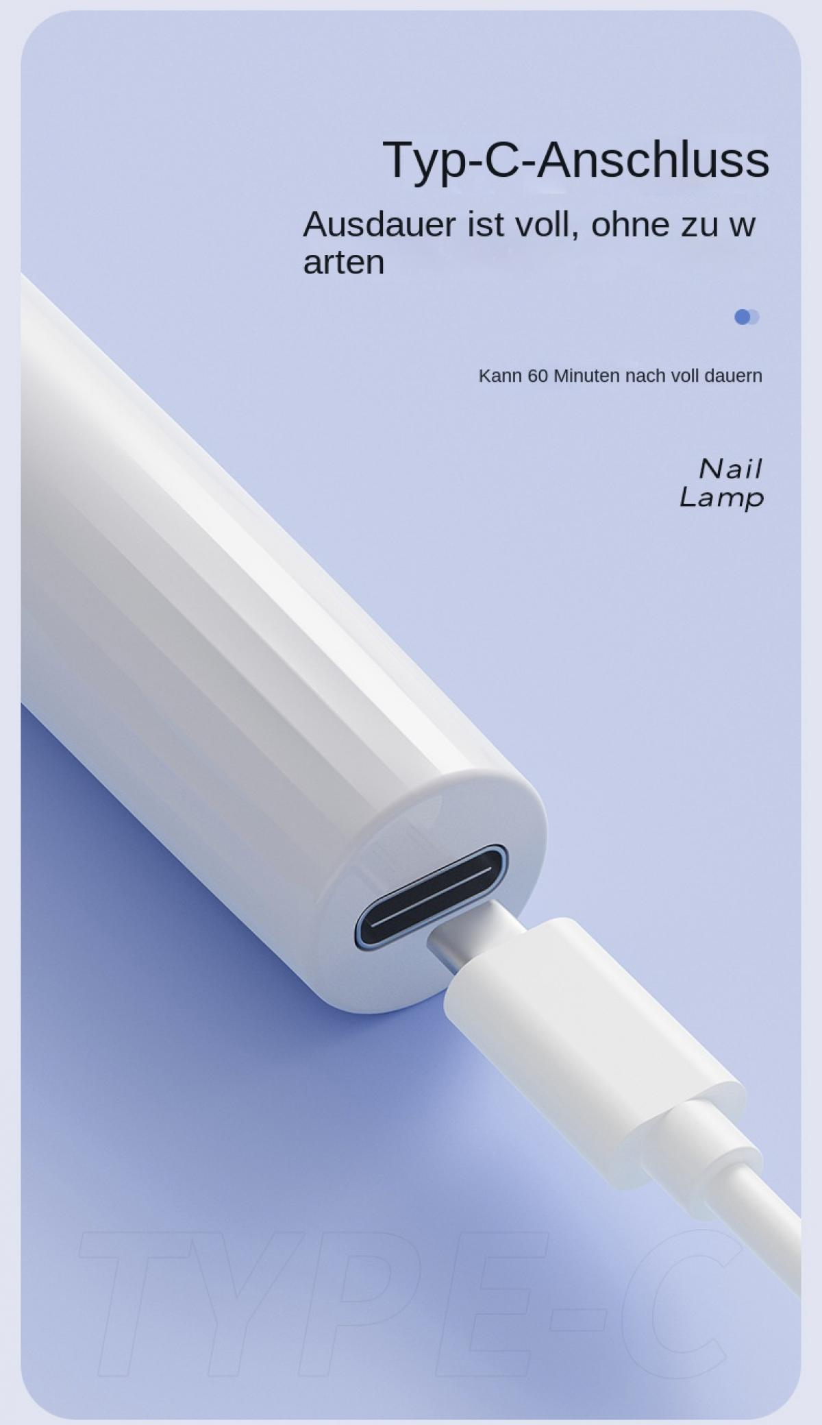 Ein weißes Nagelgerät mit Typ-C-Anschluss und Kabel auf blauem Hintergrund.