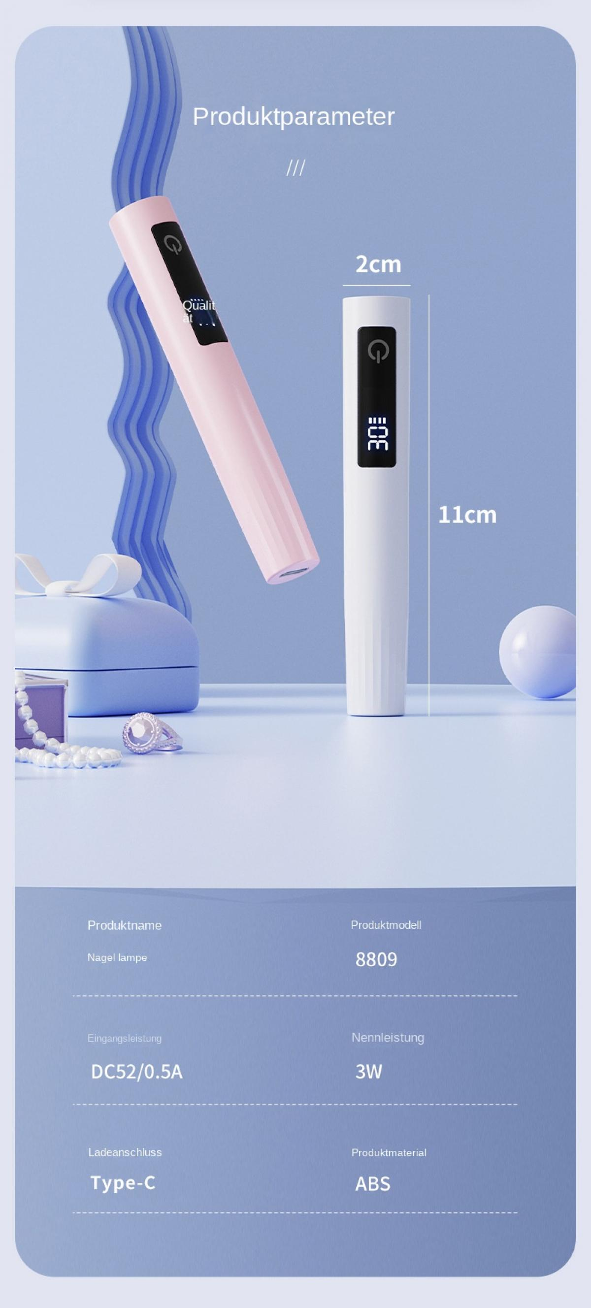 Zwei Nagel lampu: eine rosa, eine weiße, mit Produktparametern und Maßen.