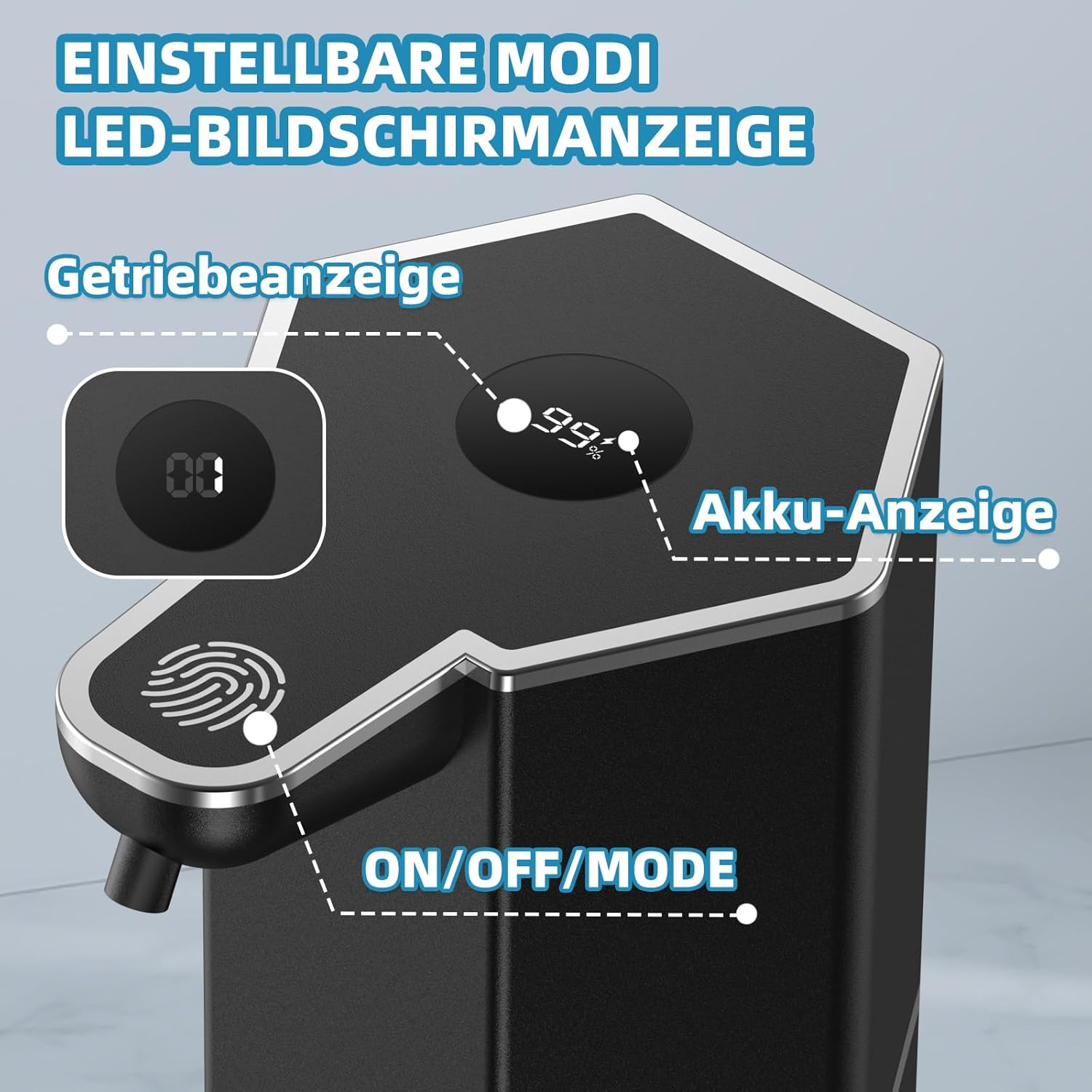 Schwarz Gerät mit LED-Anzeige für Modus, Akku und Gang. Fingerabdruck-Sensor.