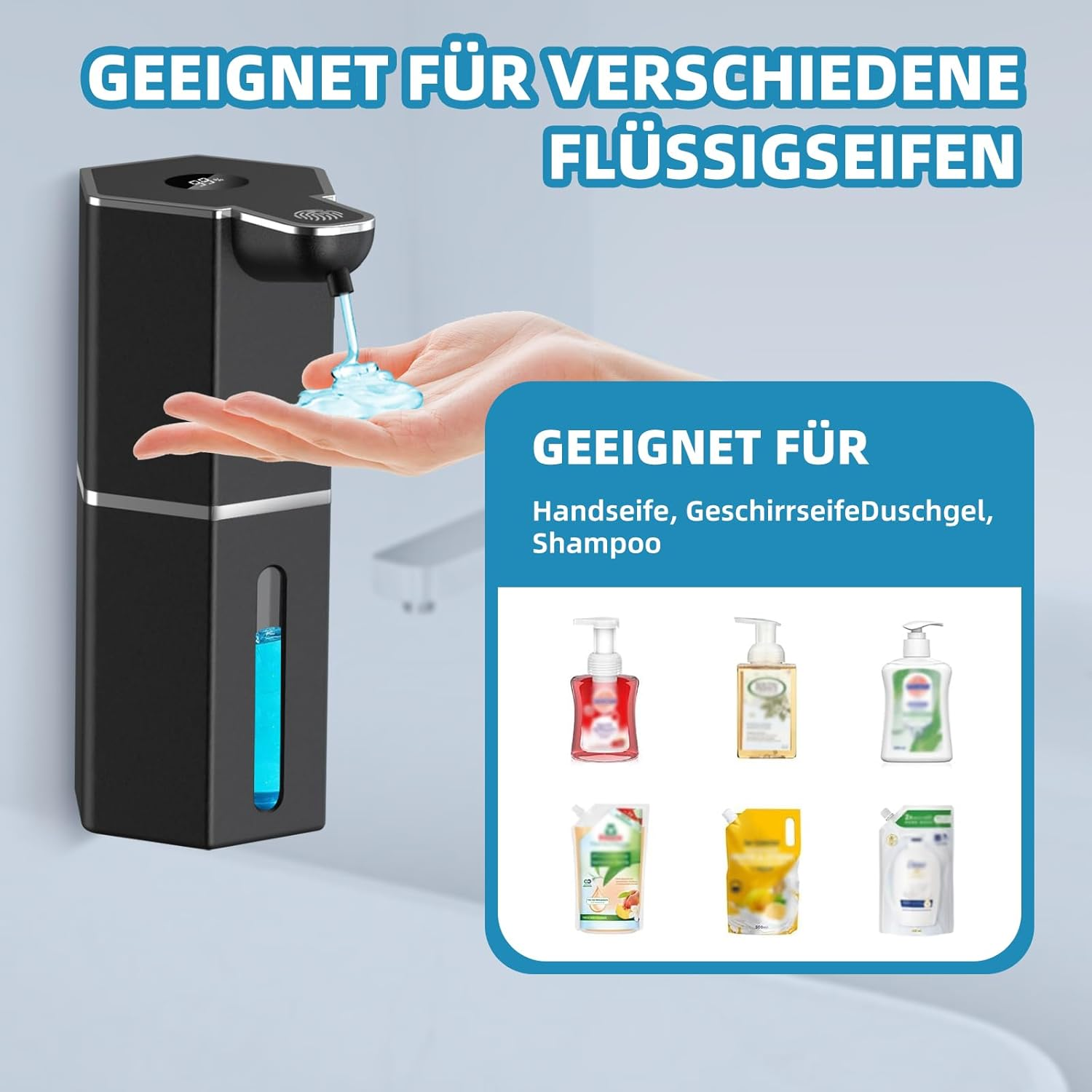 Ein schwarzer Seifenspender gibt blaue Flüssigkeit in eine Hand. Geeignet für diverse Flüssigseifen.