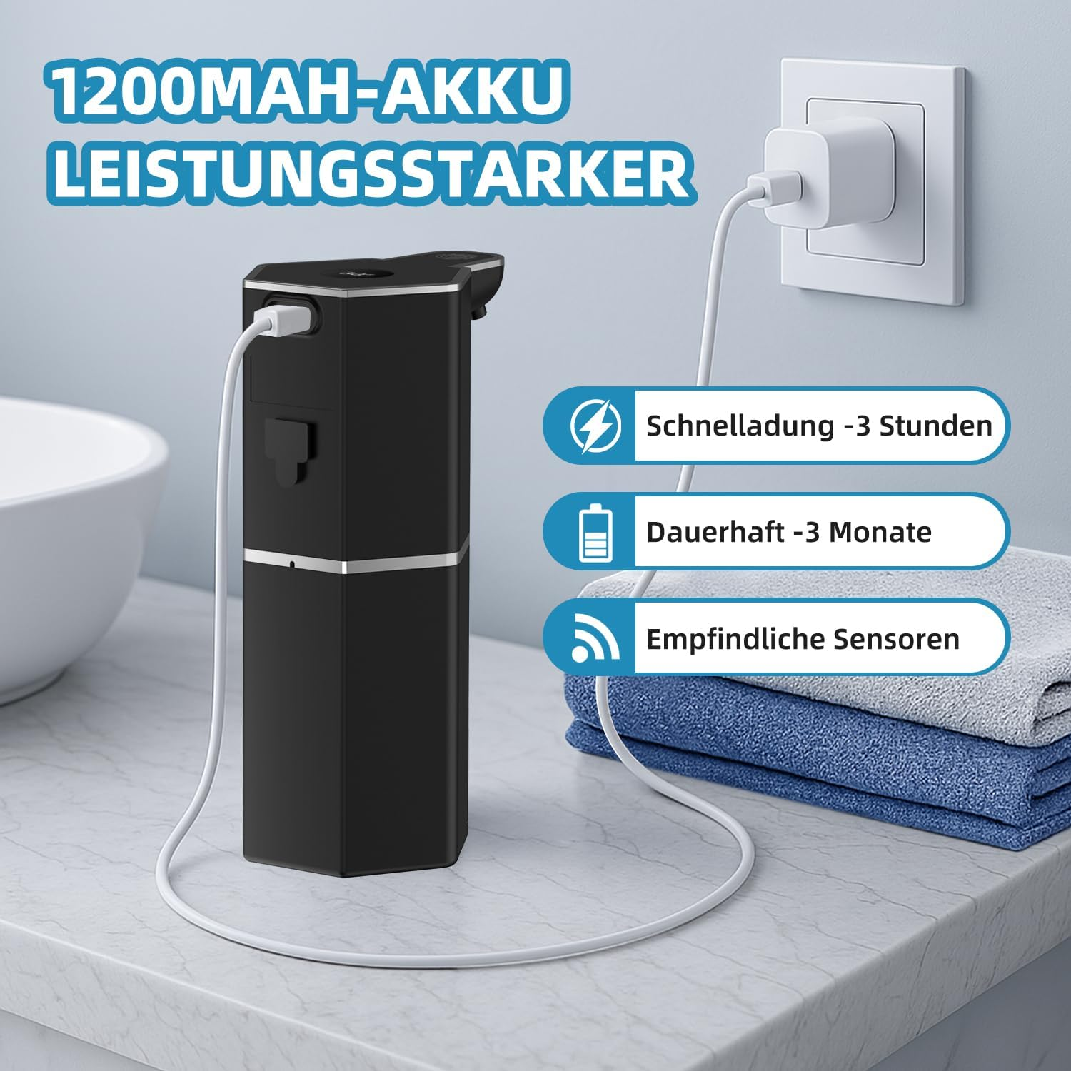 Schwarzes Gerät lädt an Steckdose. Texte: 1200mAh Akku, Schnellladung 3 Std., Dauerhaft 3 Monate.