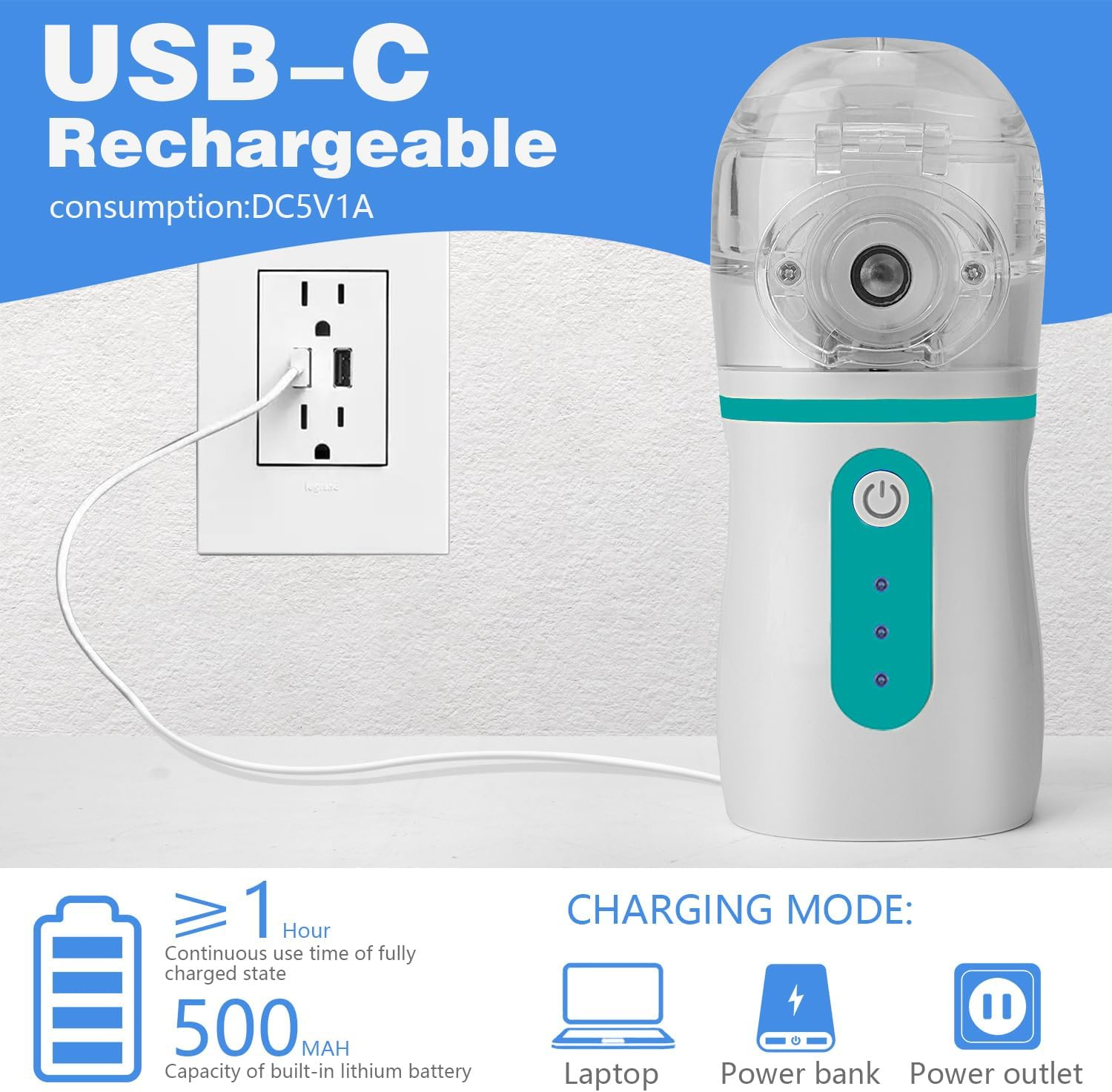 Ein weißer Vernebler mit USB-C-Ladeanschluss, daneben eine Steckdose.