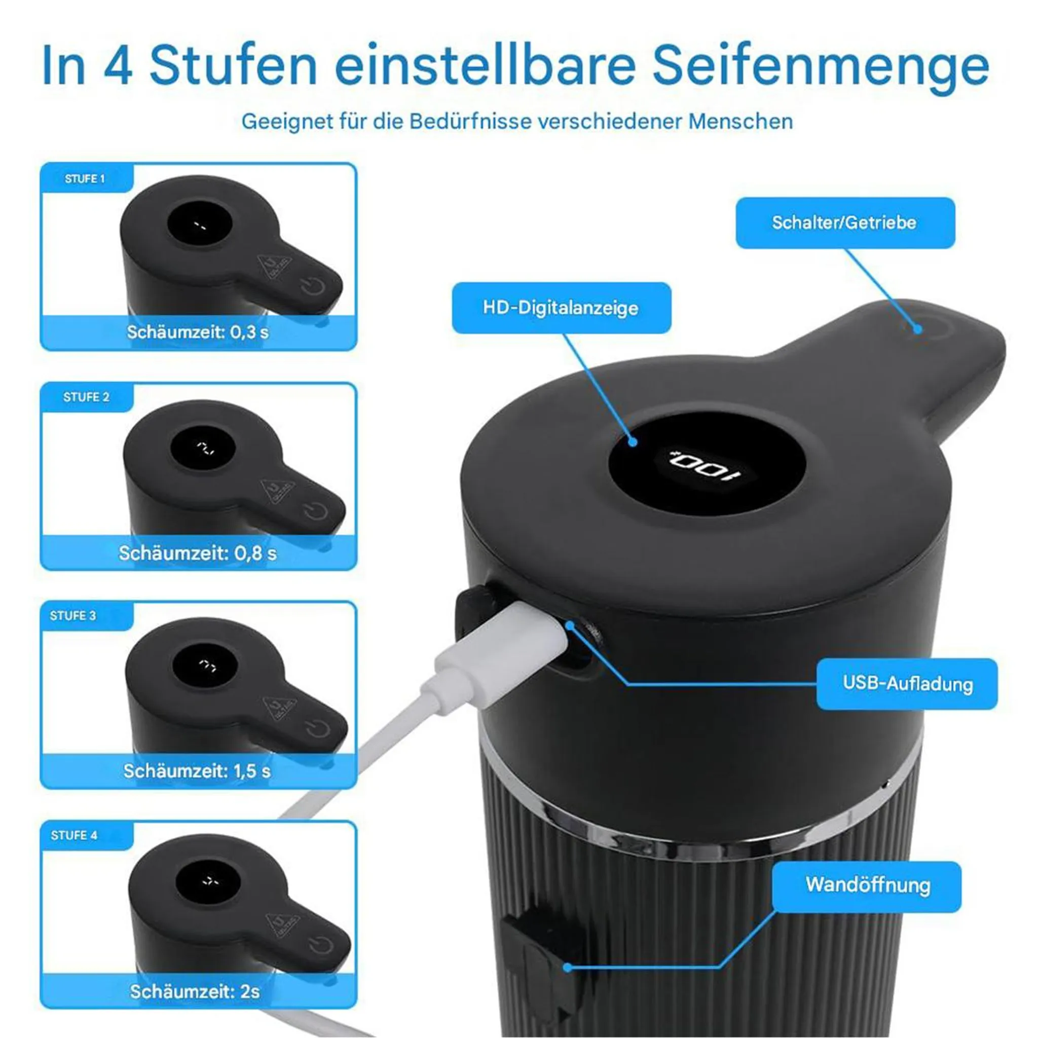 Ein schwarzer Seifenspender mit digitaler Anzeige und USB-Aufladung, 4 Stufen.