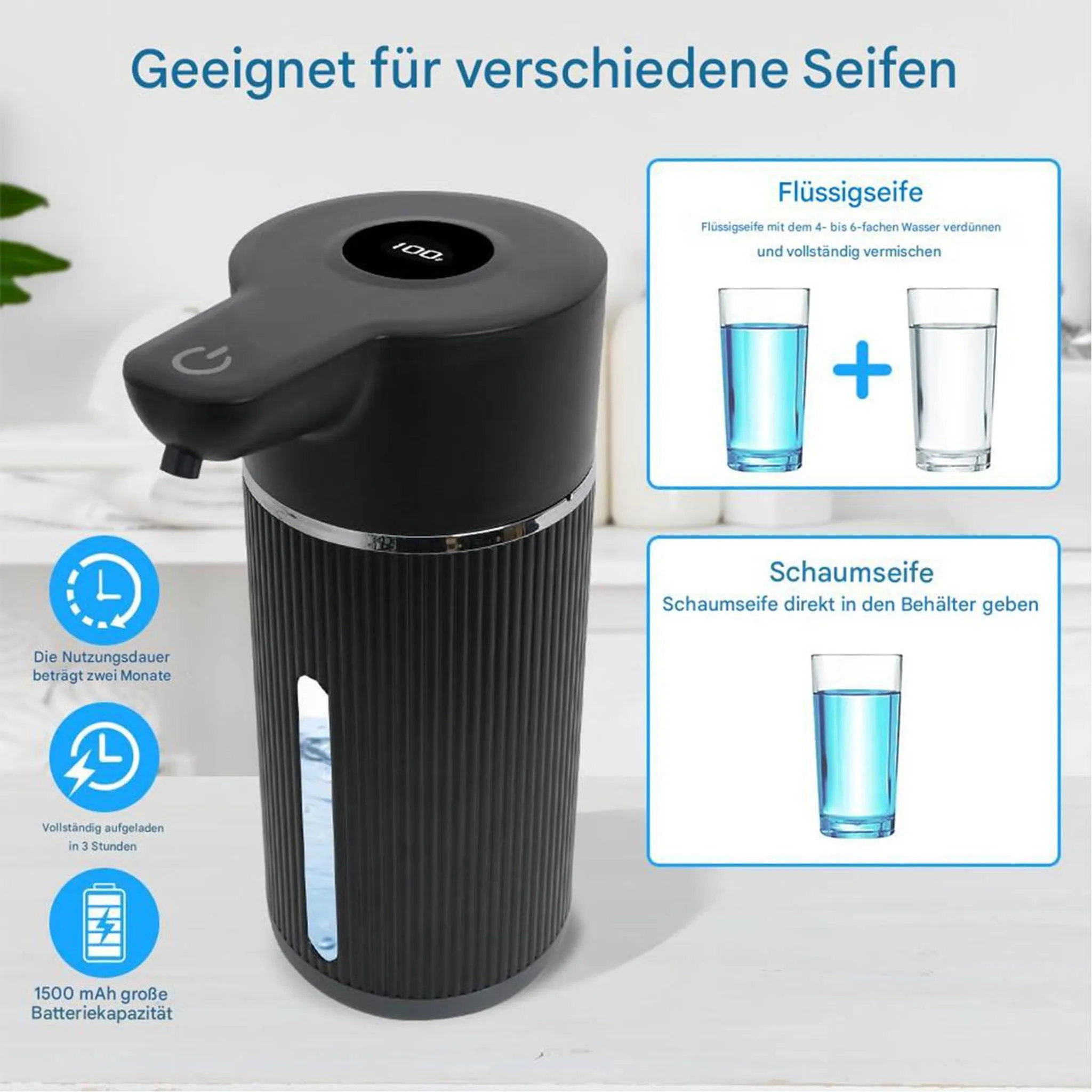 Ein schwarzer Seifenspender mit LCD-Anzeige und Symbolen für Akkulaufzeit und Kapazität.