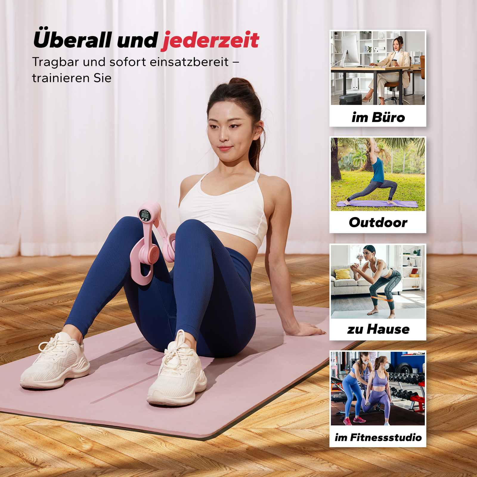 Frau trainiert mit rosa Gerät auf Matte; Szenen im Büro, Outdoor, zu Hause, im Studio.