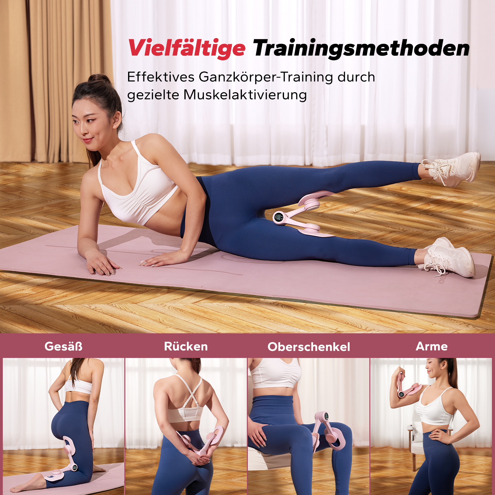Frau übt mit Beintrainer auf Matte. Unten: Übungen für Gesäß, Rücken, Oberschenkel, Arme.
