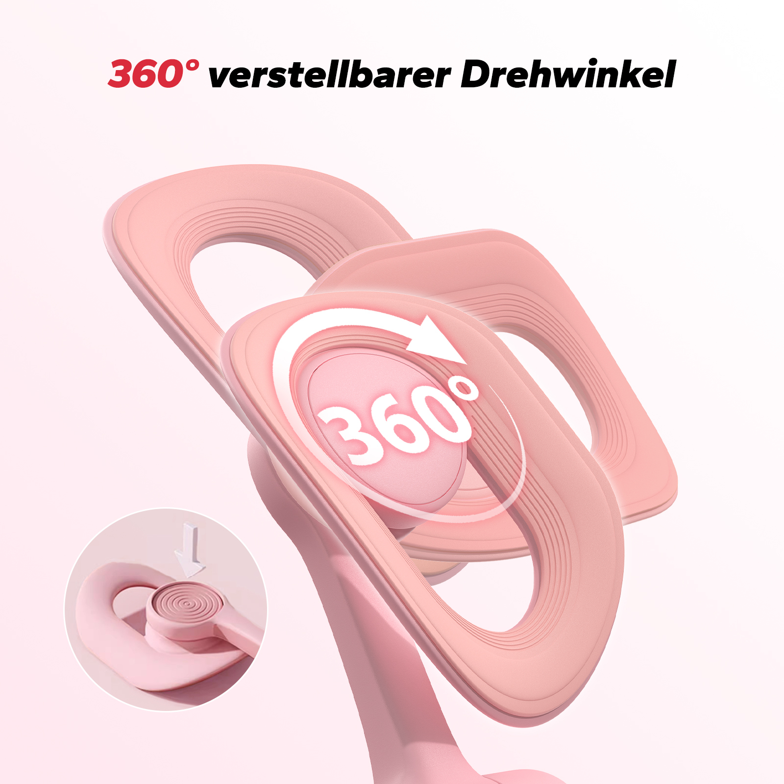 Rosa Halterung mit 360 Grad Pfeil und Text '360° verstellbarer Drehwinkel'.