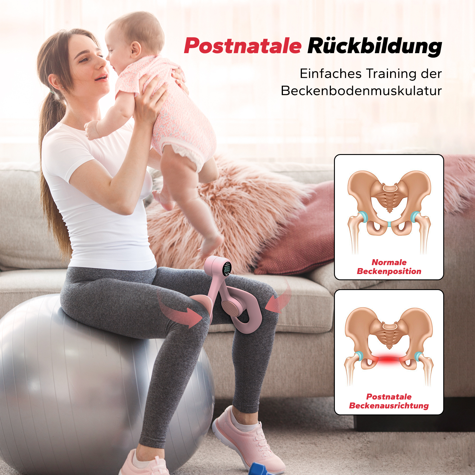 Frau auf Gymnastikball hält Baby, Becken-Trainer, anatomische Grafiken.