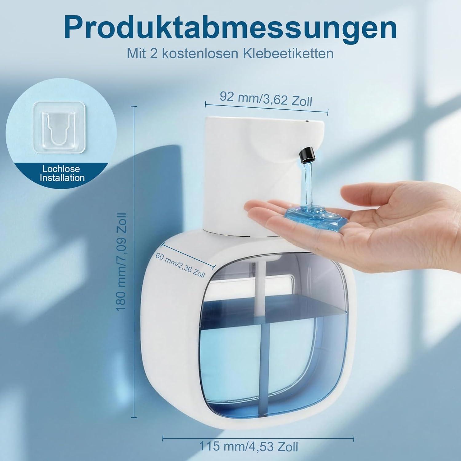 Weißer automatischer Seifenspender mit blauer Flüssigkeit. Maße angegeben.
