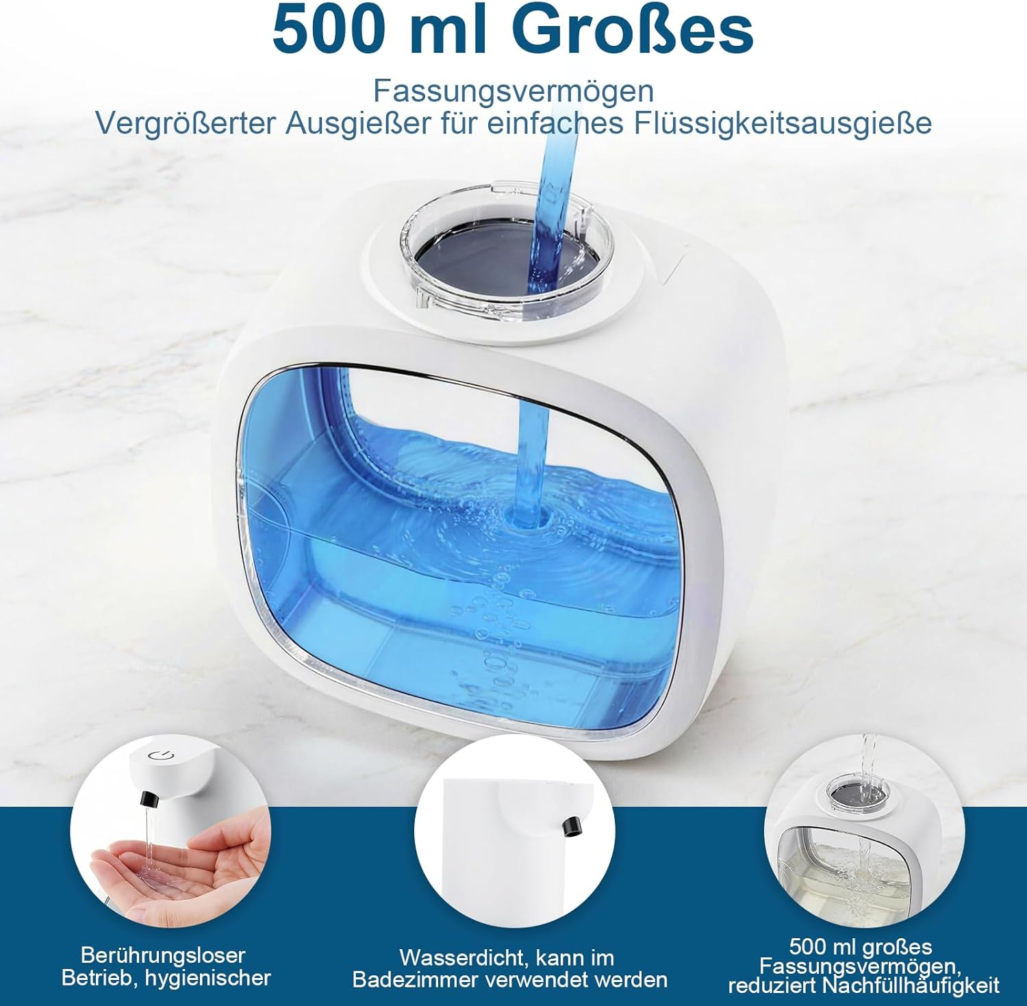 Ein weißer Seifenspender mit blauem Inhalt, 500 ml Fassungsvermögen.