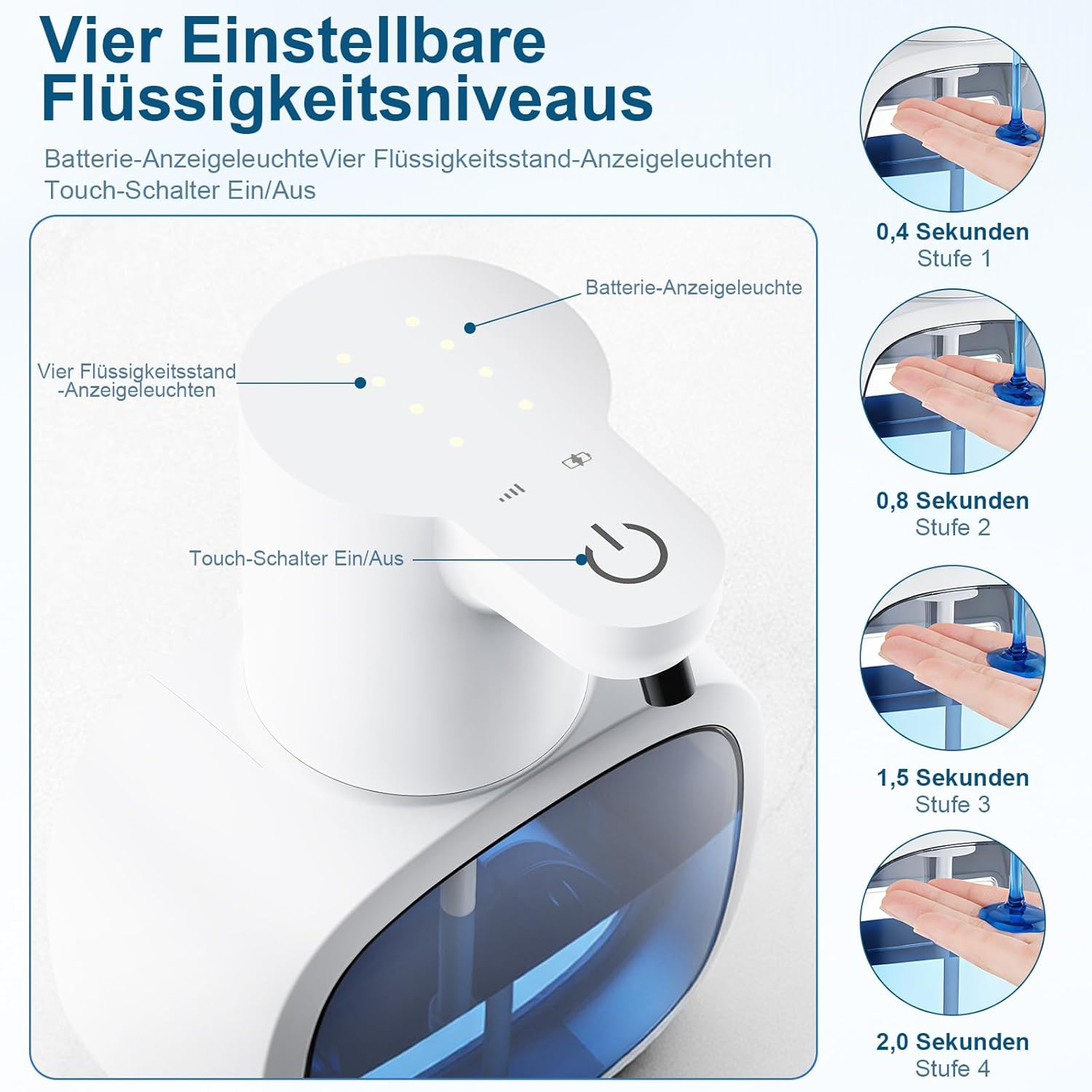 Ein weißer Seifenspender mit blauer Flüssigkeit und vier Einstellstufen.