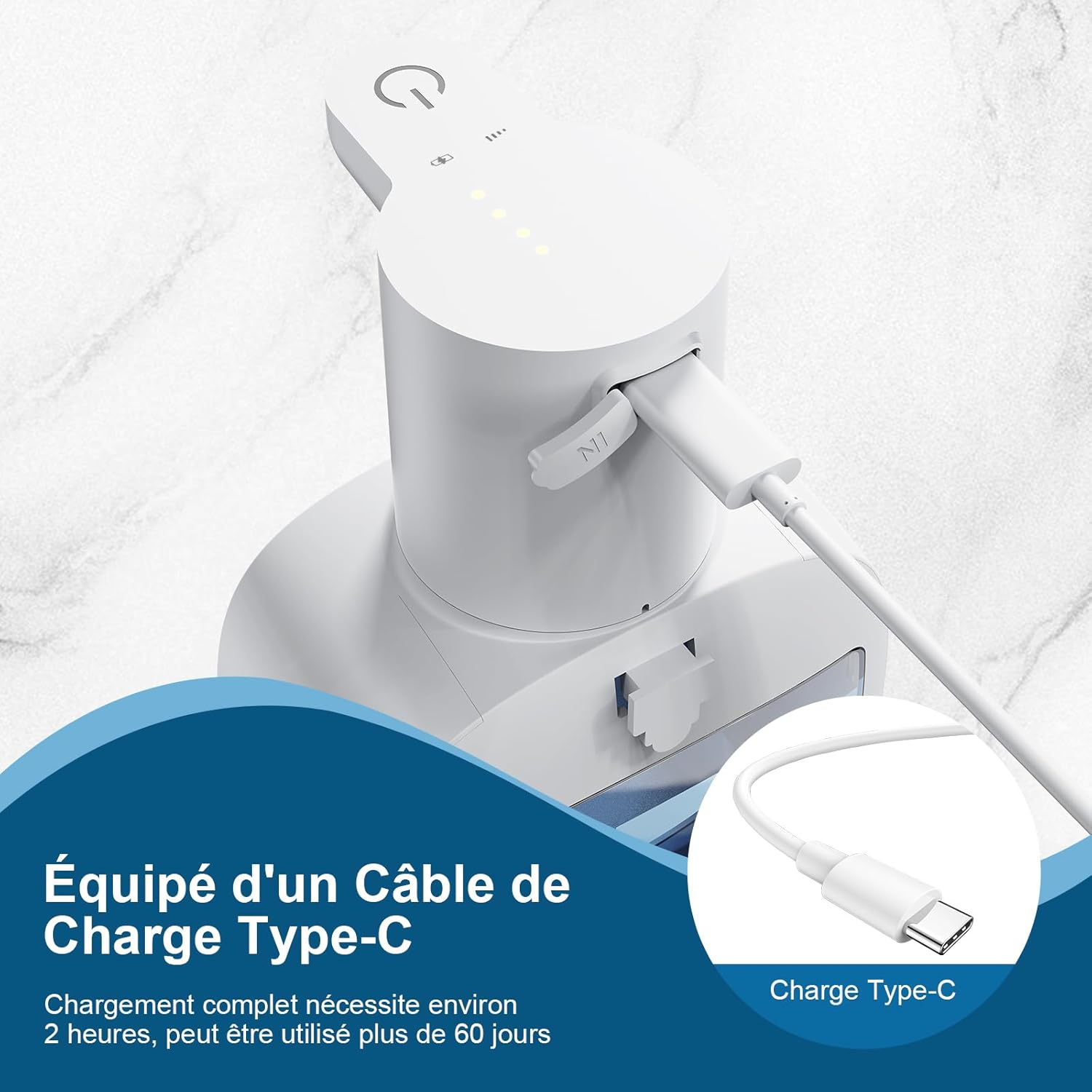 Ein weißes Ladegerät mit Typ-C-Kabel, das an die Seite angeschlossen ist.