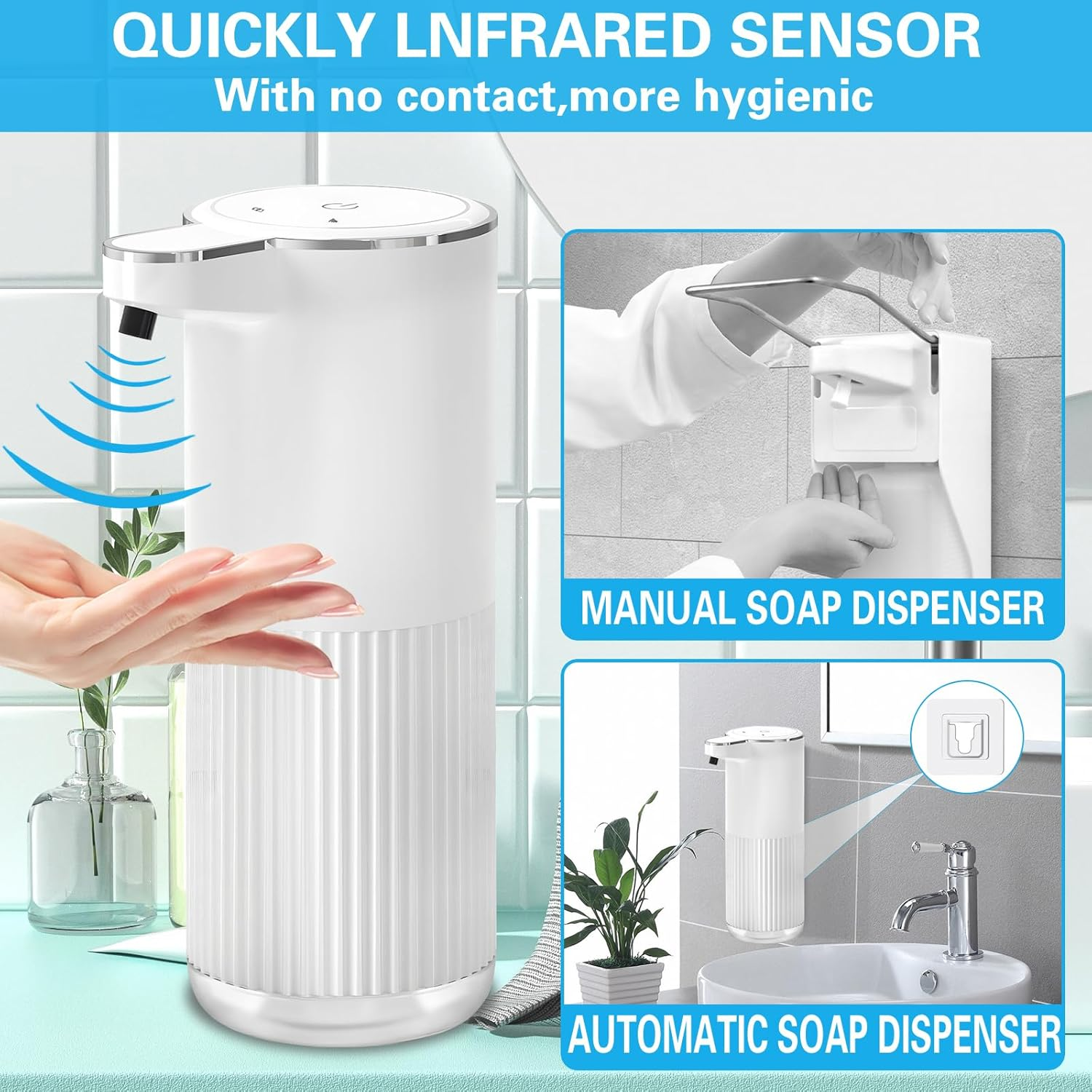 Weißer automatischer Seifenspender mit Infrarotsensor, Hände darunter.