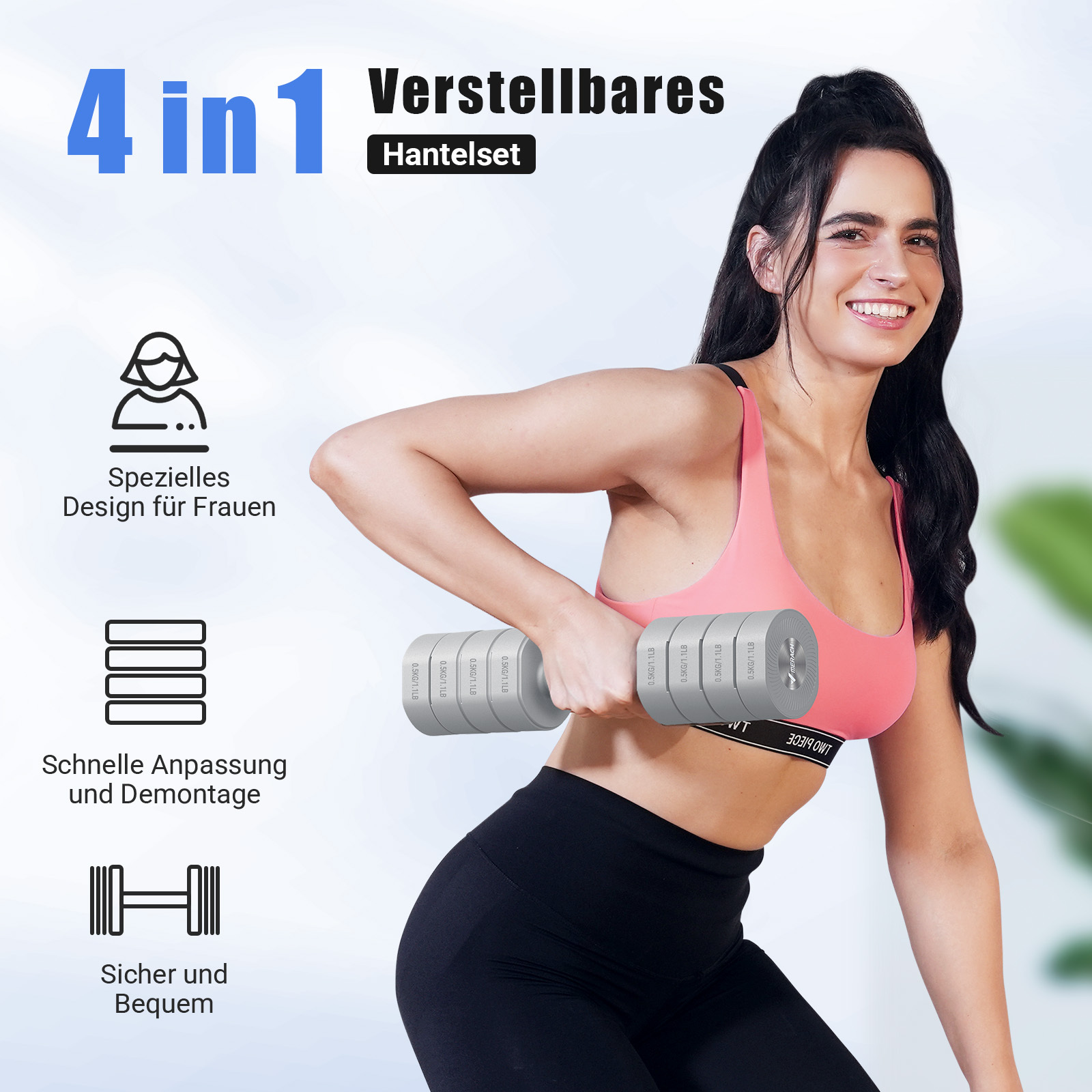 Frau mit verstellbarem Hantelset, 4-in-1-Design für Frauen.