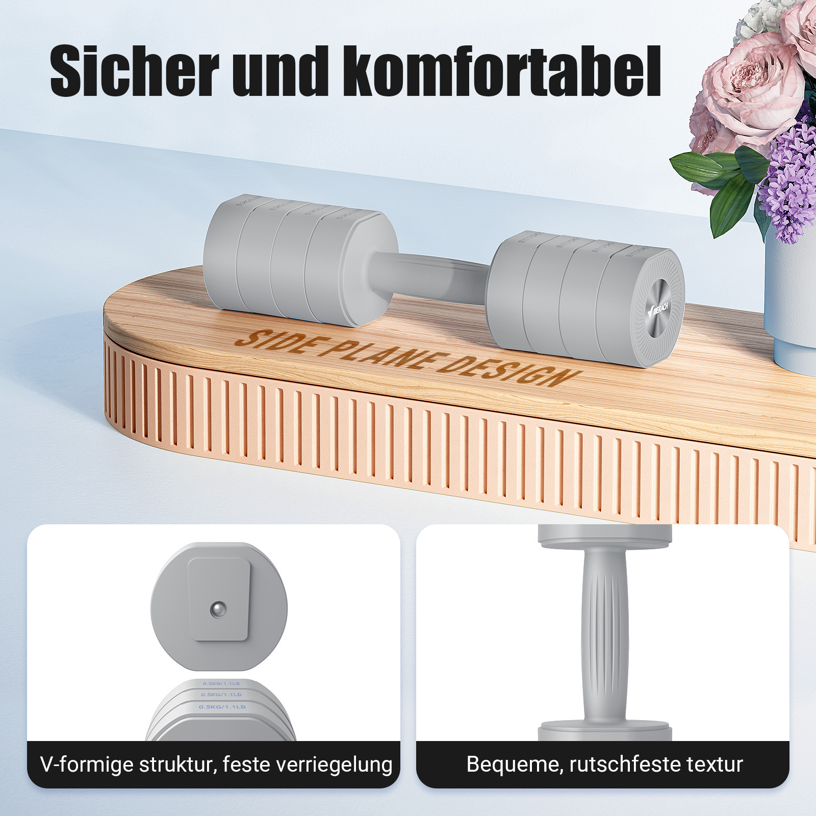 Graue Kurzhantel auf Holzdisplay mit Blumen und Detailbildern.