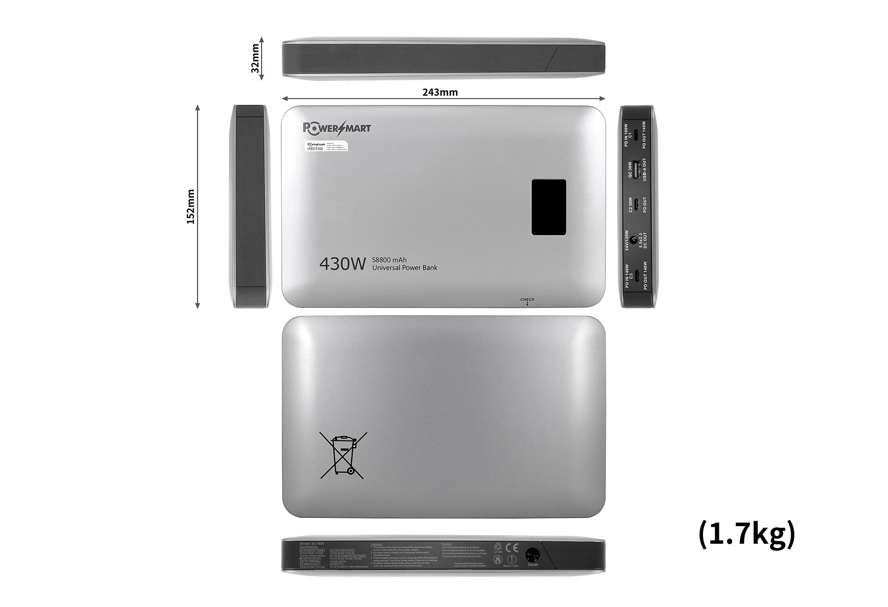 Ein silberner Power-Akku mit 430W, 58800mAh. Maße: 243x152x32mm. 1,7kg.
