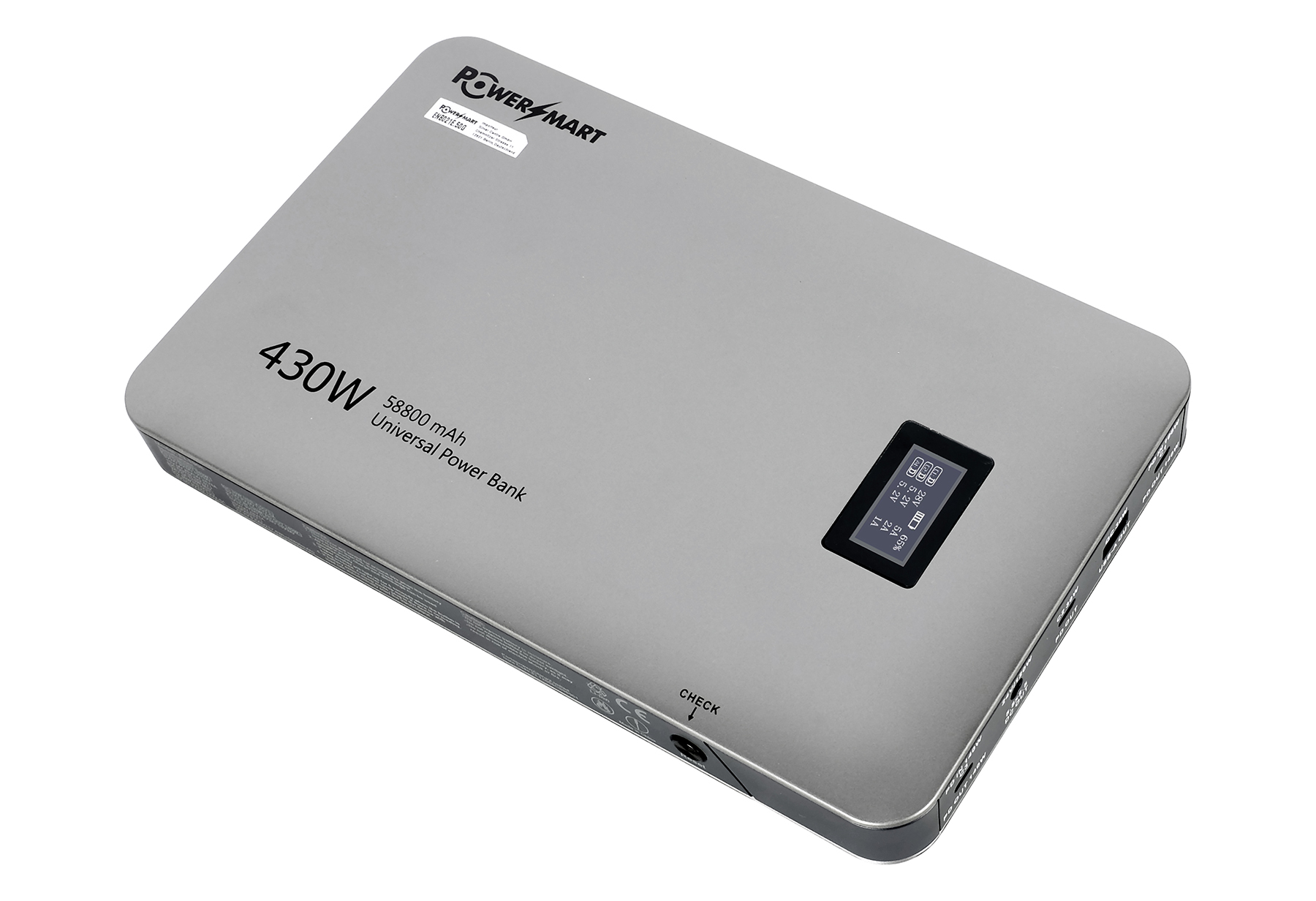 Grauer 430W Power Bank mit 58800 mAh und LCD-Display, das den Ladestand anzeigt.
