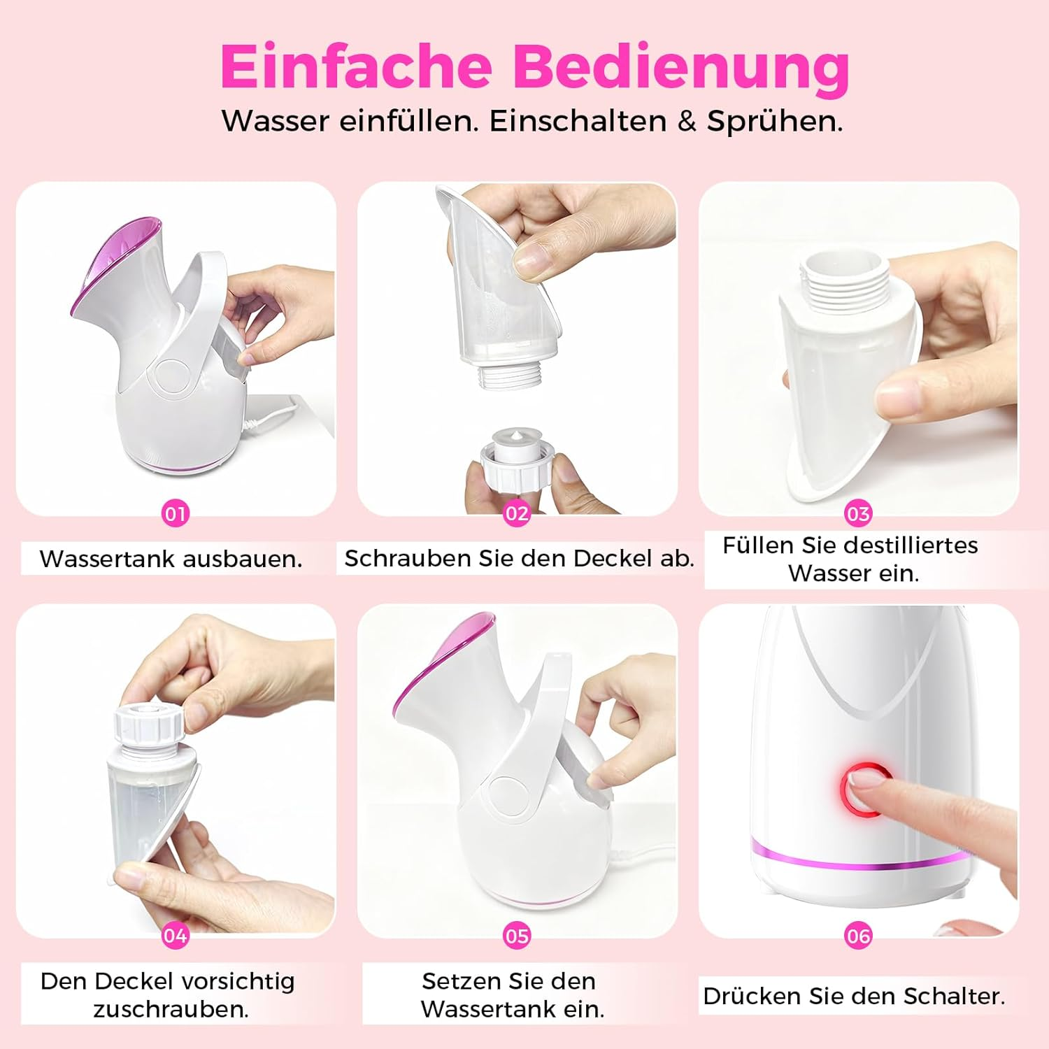 Schritt-für-Schritt-Anleitung für einen Gesichtsdampfer: Wassertank entnehmen, Deckel abschrauben, Wasser einfüllen, Deckel zuschrauben, Tank einsetzen, Knopf drücken.