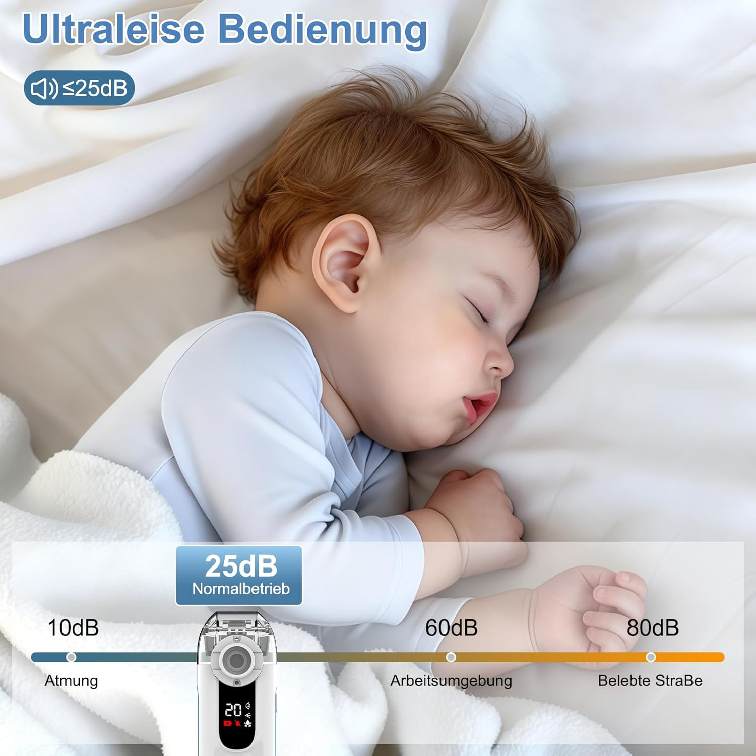 Ein schlafendes Baby auf einem weißen Bett. Geräuschpegelanzeige.