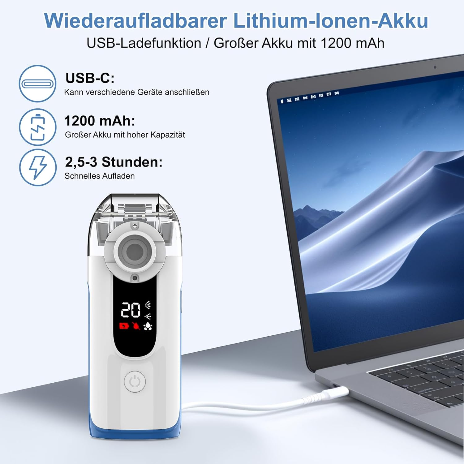 Weiß-blauer Vernebler an Laptop per USB-C angeschlossen. Features: USB-C, 1200 mAh, 2,5-3 Std. Ladezeit.