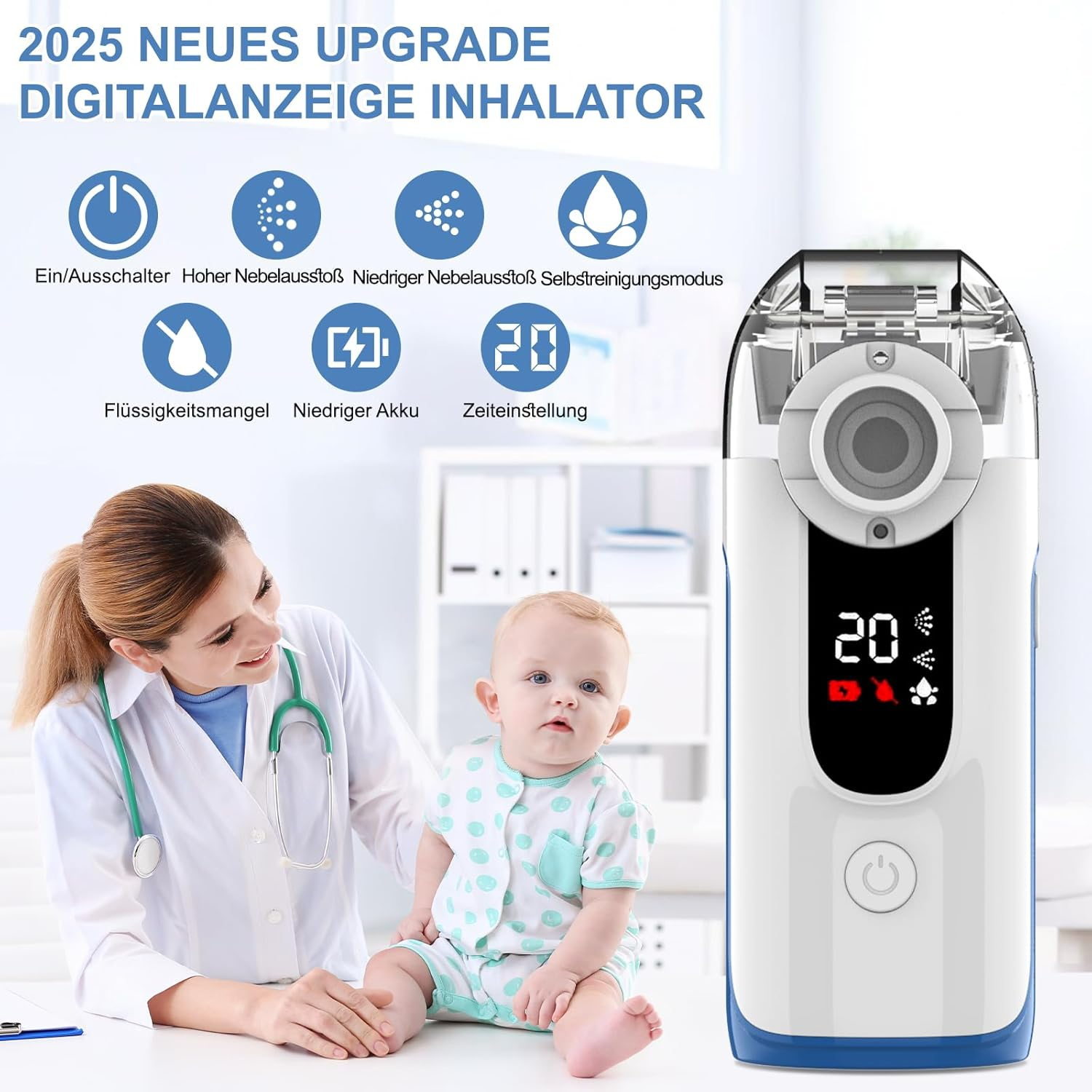 Arzt mit Baby neben digitalem Inhalator mit Symbolen und Text.
