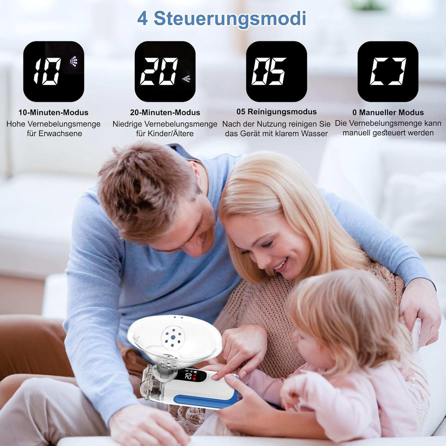 Familie mit Vernebler: 4 Modi: 10 Min, 20 Min, 5 Min Reinigen, Manuell.