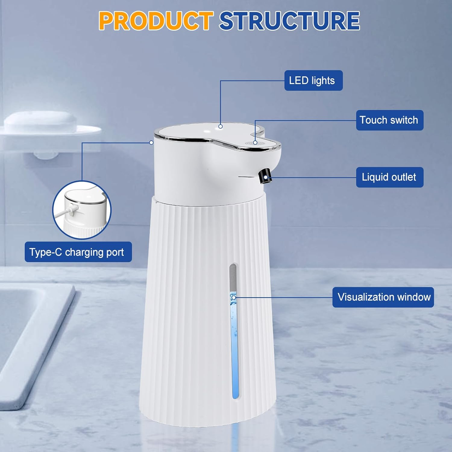 Produkstrukturdiagramm: Weißer Spender mit LED-Leuchten, Touch-Schalter, Flüssigkeitsauslass.