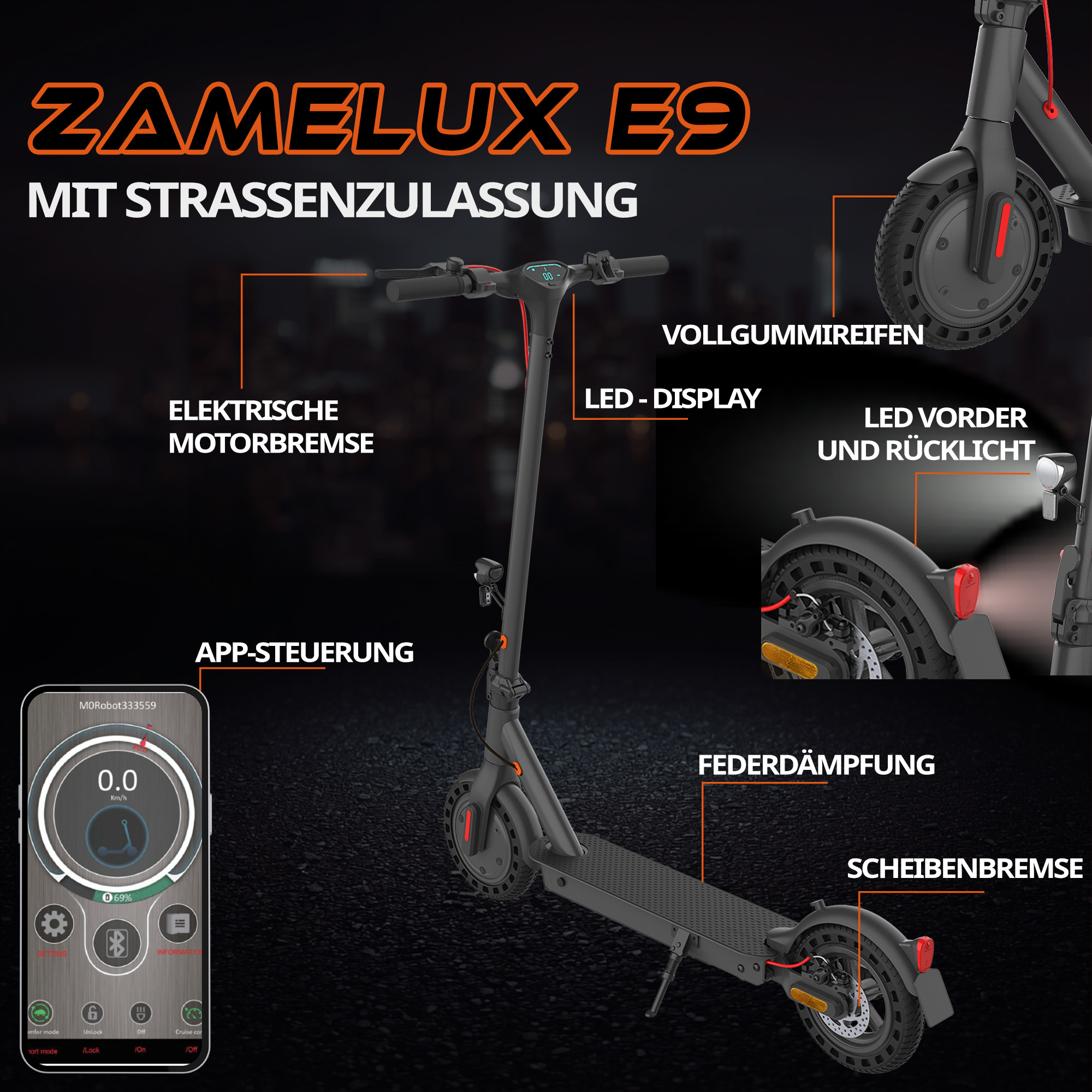 Zamelux E9 E-Scooter mit Straßenzulassung, App-Steuerung und LED-Display.