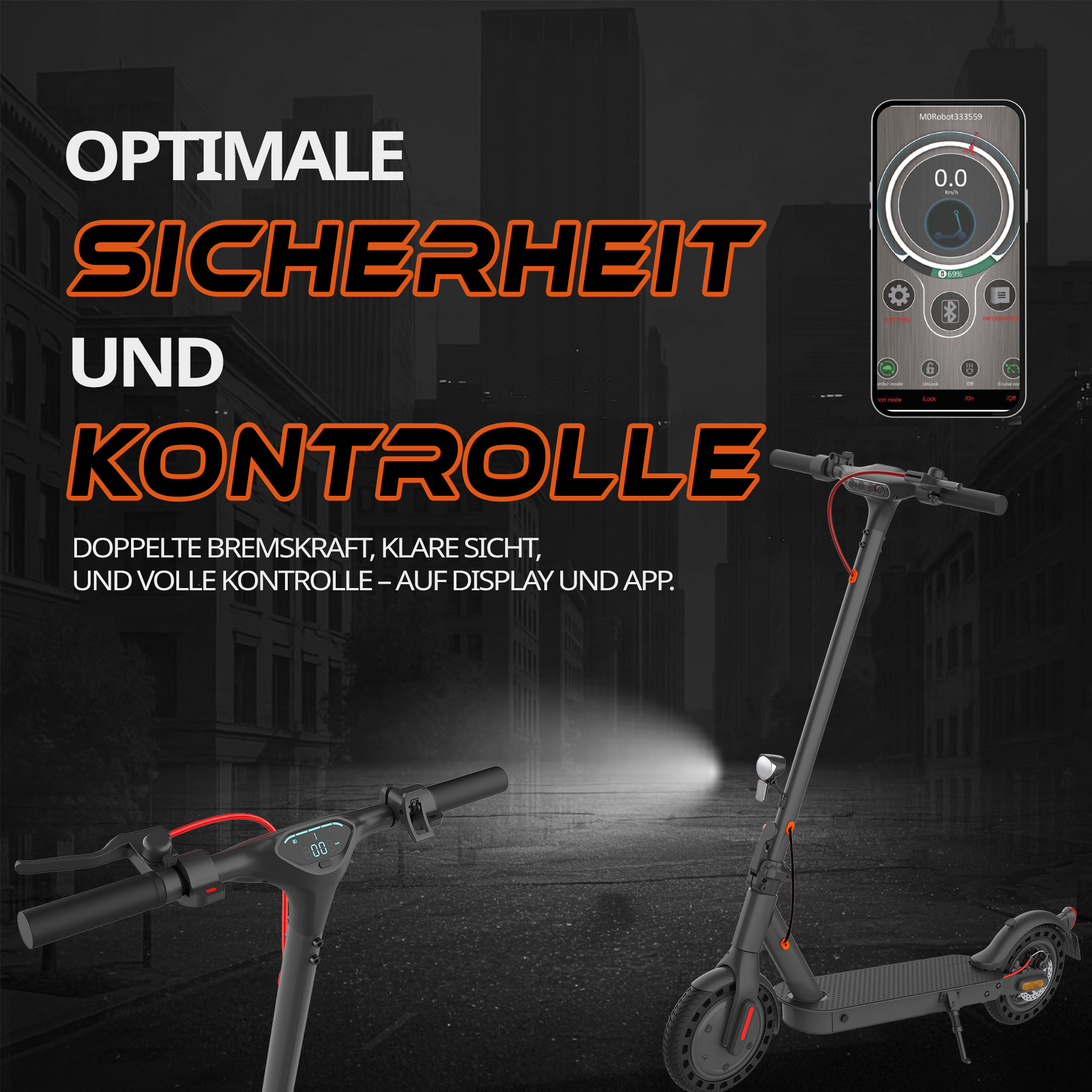 Zwei E-Scooter auf einer Straße bei Nacht. Ein Handy zeigt eine App mit Scooter-Daten an.