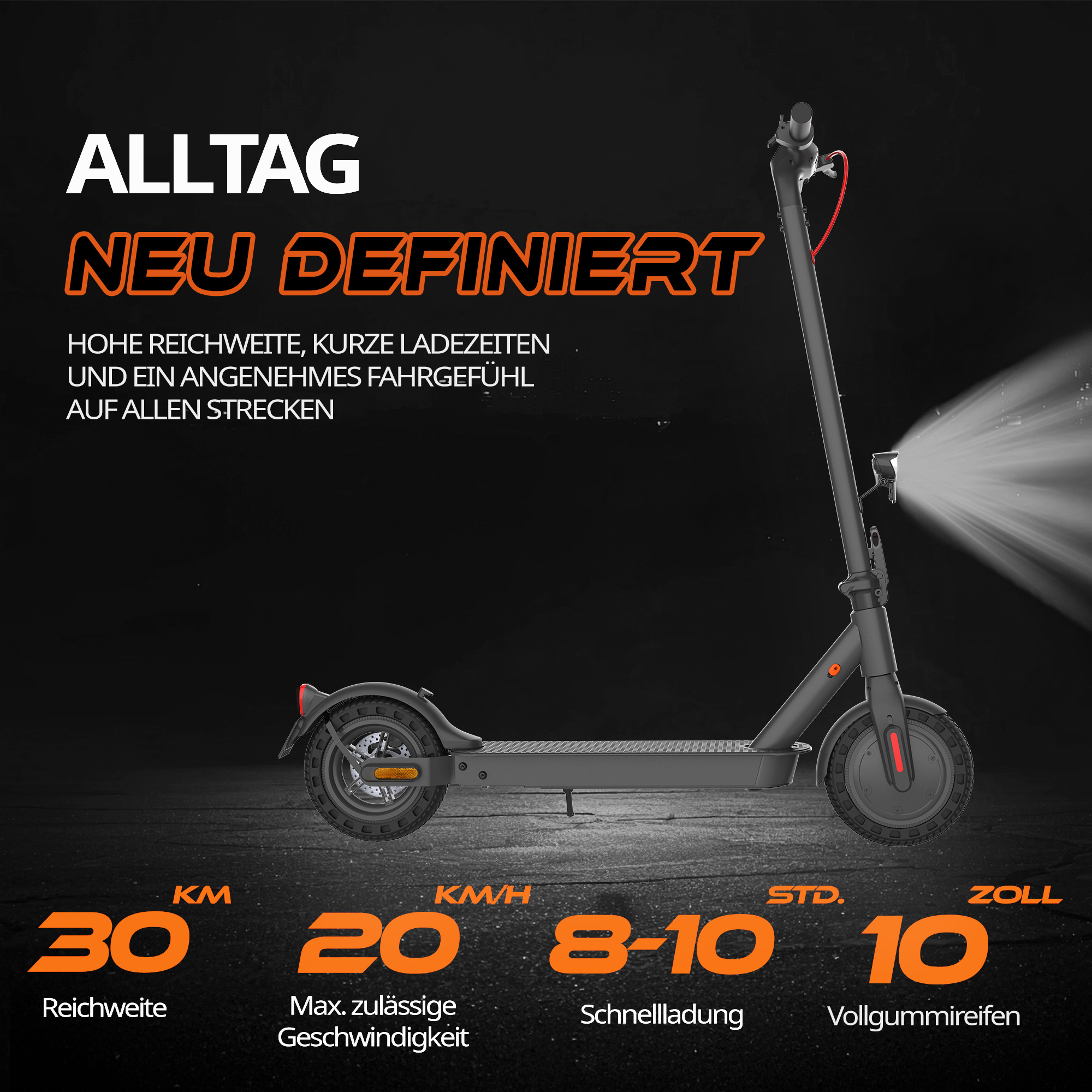 Grauer Elektroroller mit Beleuchtung und Leistungsangaben: 30km Reichweite, 20km/h, 8-10h Ladezeit, Vollgummireifen.