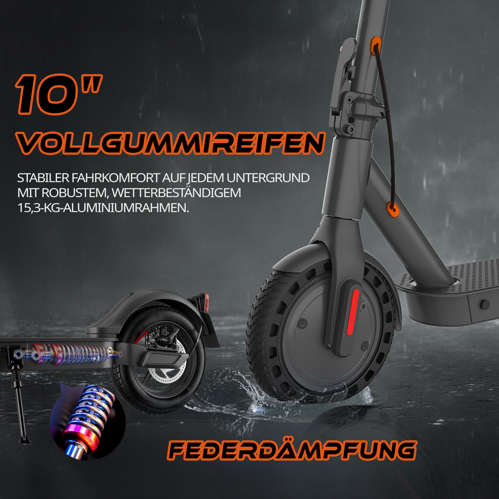 Elektroroller mit 10-Zoll-Reifen, Federung und Aluminiumrahmen.